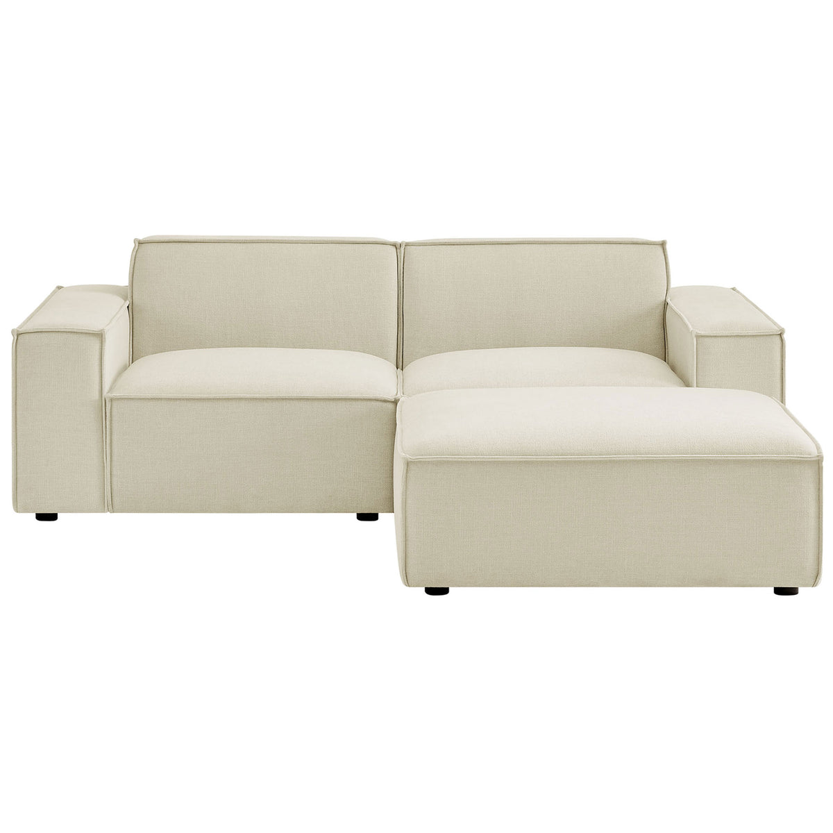Restore ecru modular loveseat with ottoman featuring wide arms and clean modern lines. || EEI-7405-ECR || front_studio