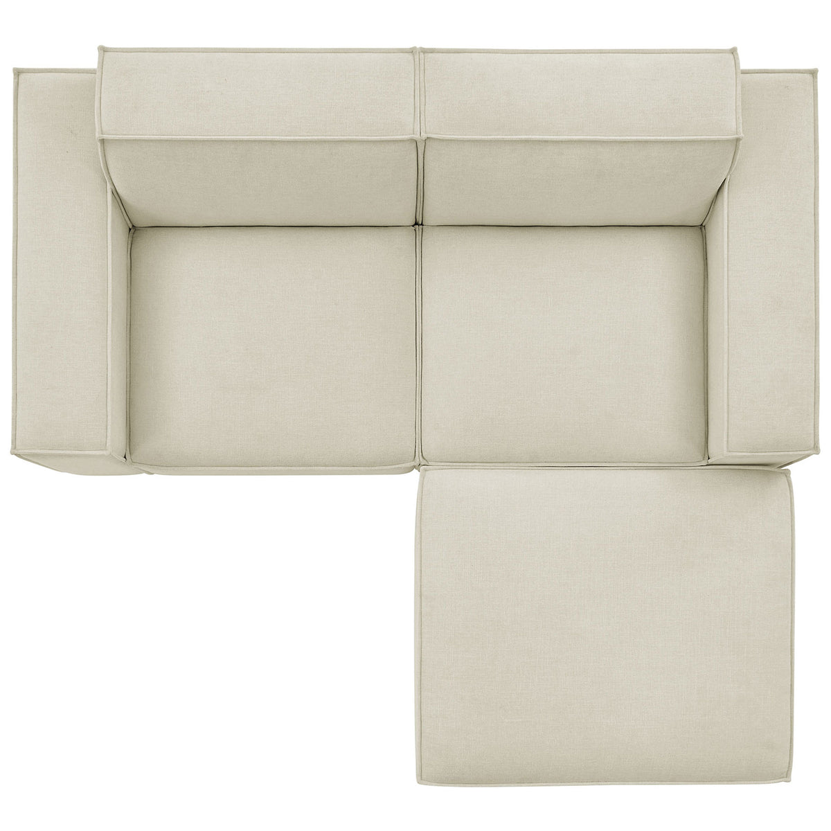Layout of the Restore ecru modular loveseat with ottoman forming a cozy corner. || EEI-7405-ECR || top_studio