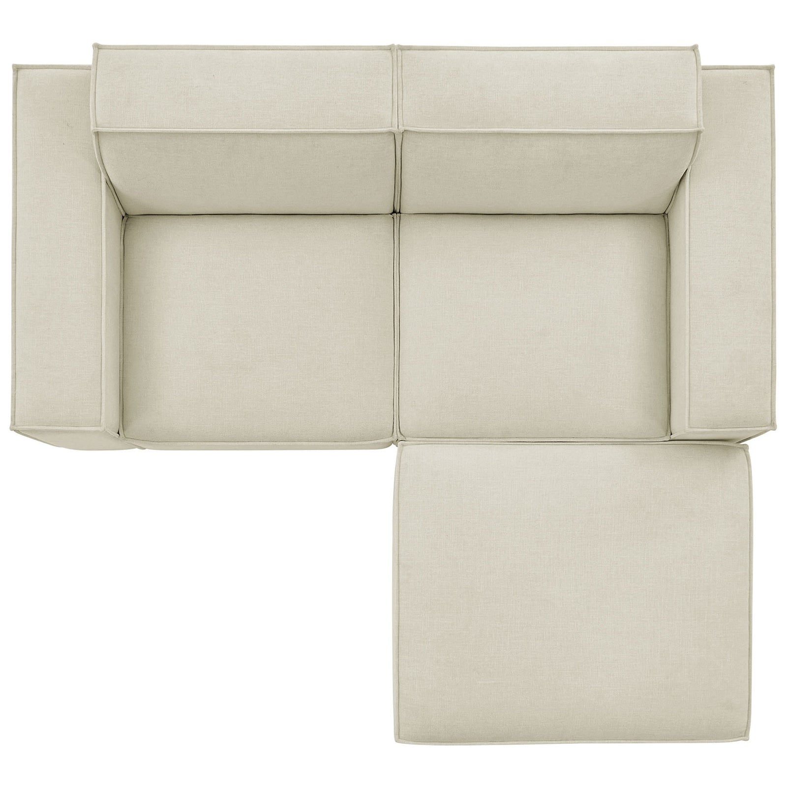 Layout of the Restore ecru modular loveseat with ottoman forming a cozy corner. || EEI-7405-ECR || top_studio