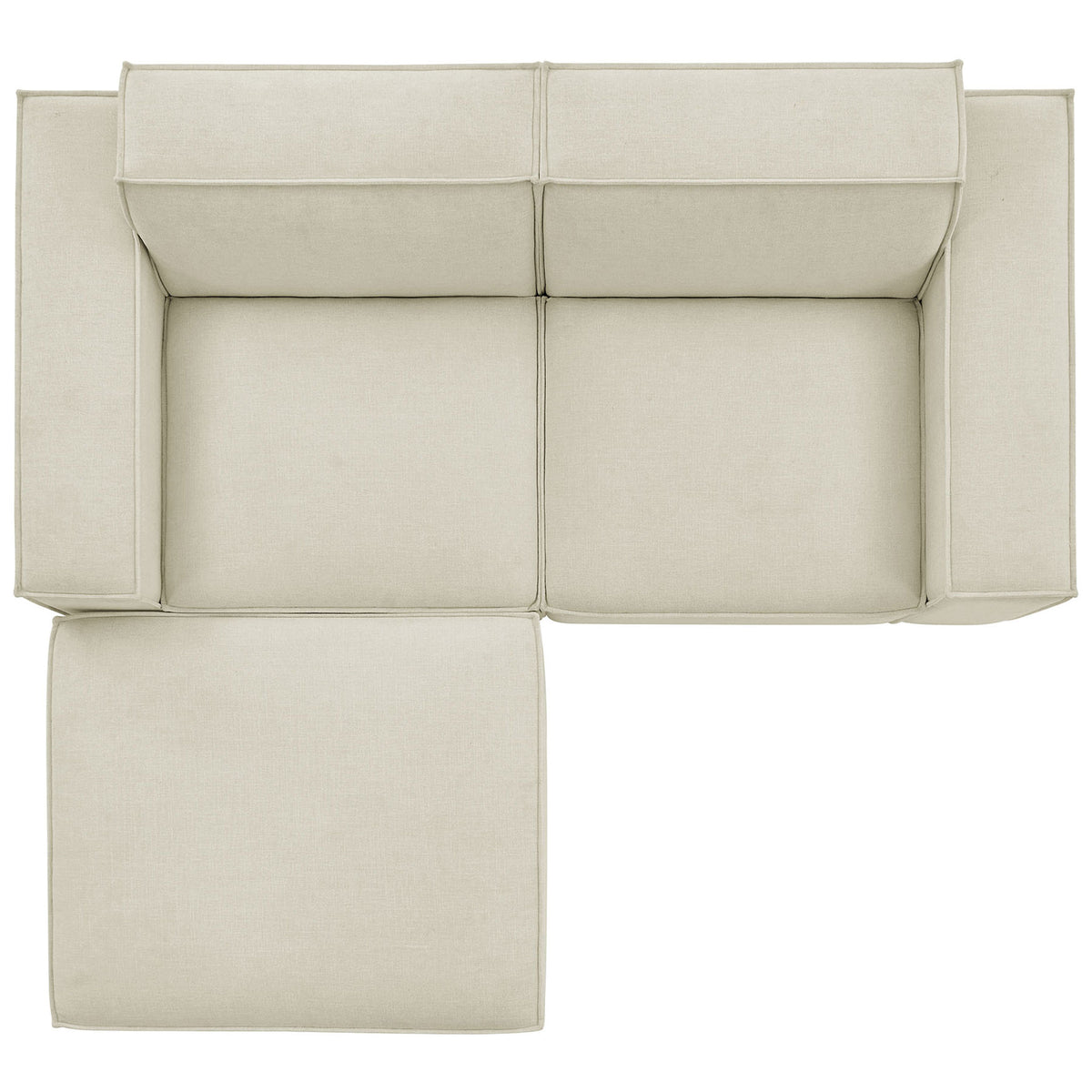 Layout of the Restore ecru modular loveseat with ottoman flipped to create a left-facing chaise. || EEI-7405-ECR || top_studio