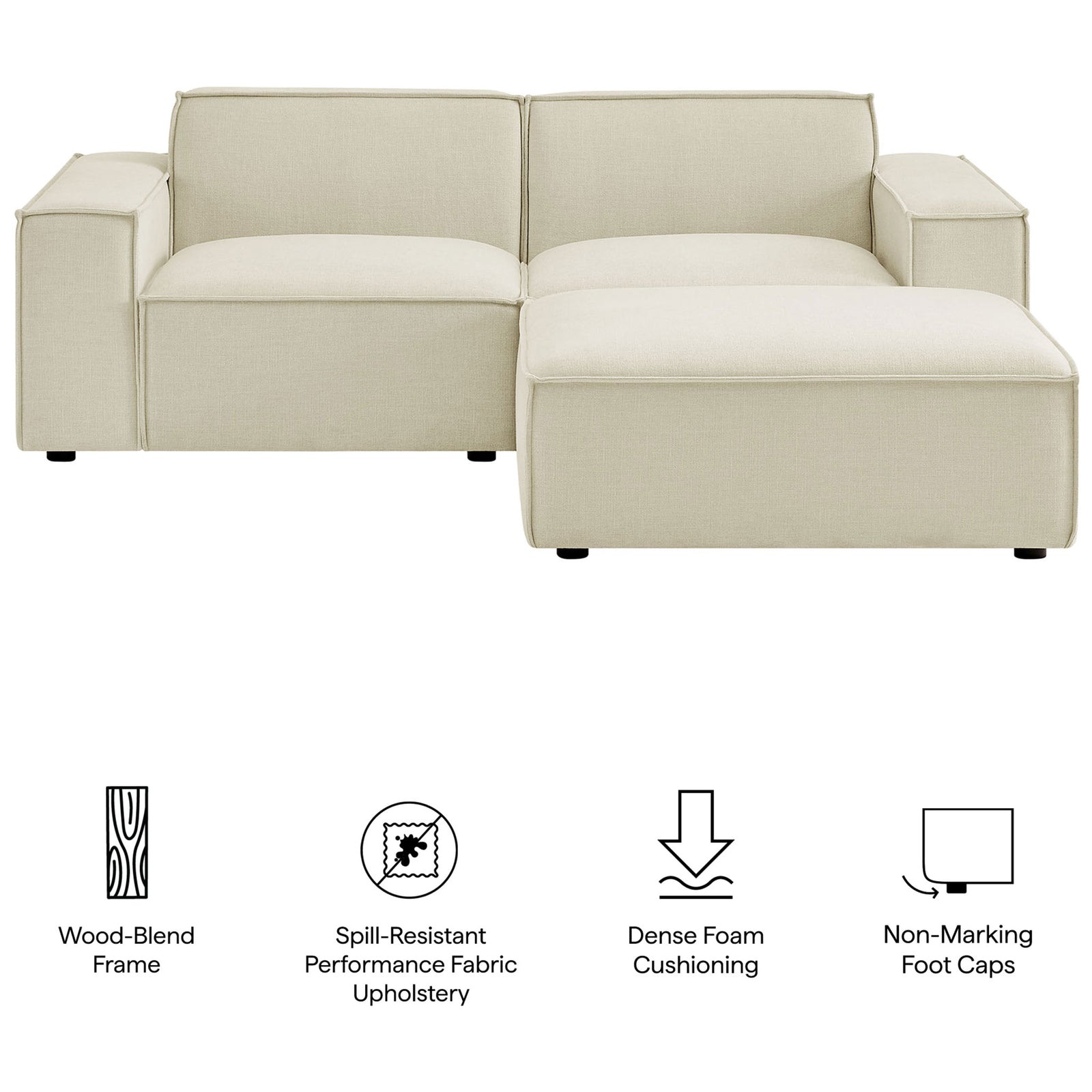 Restore ecru modular loveseat with ottoman with icons calling out comfort and durability. || EEI-7405-ECR || callout_studio
