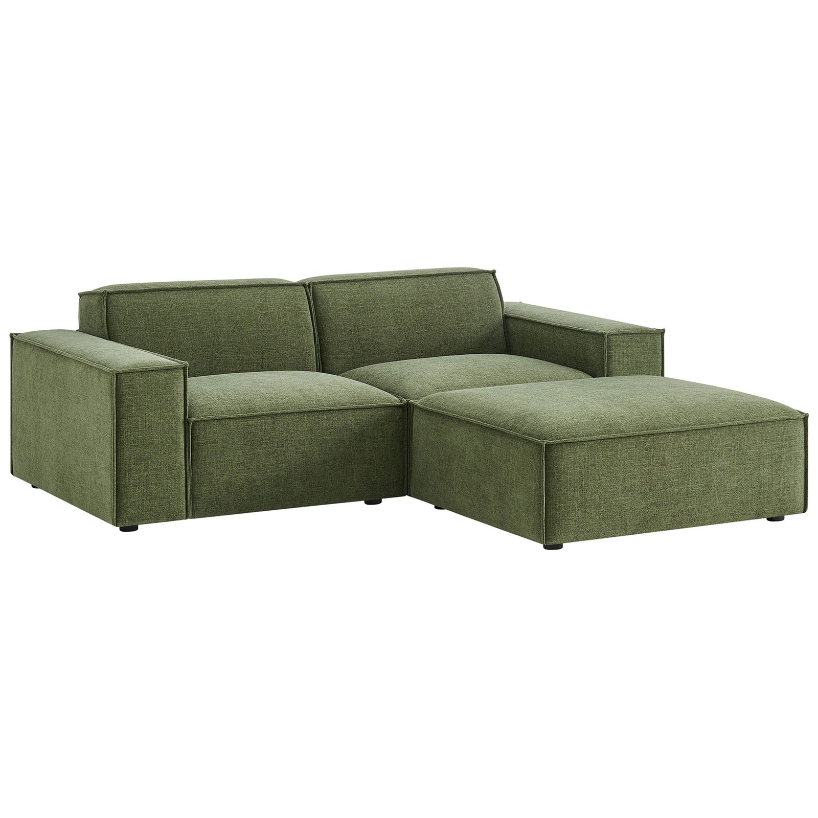 Green modular loveseat with ottoman featuring wide track arms and tailored performance fabric cushions || EEI-7405-FOL || front_angle_studio
