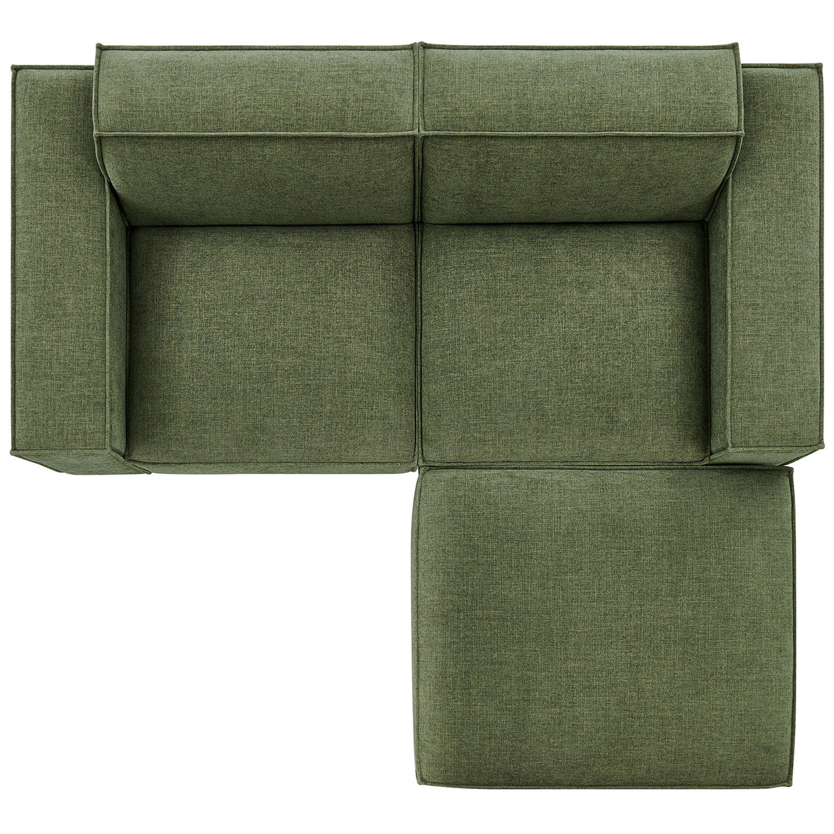Three piece green modular loveseat with ottoman arranged in an L shape for flexible lounging || EEI-7405-FOL || top_studio