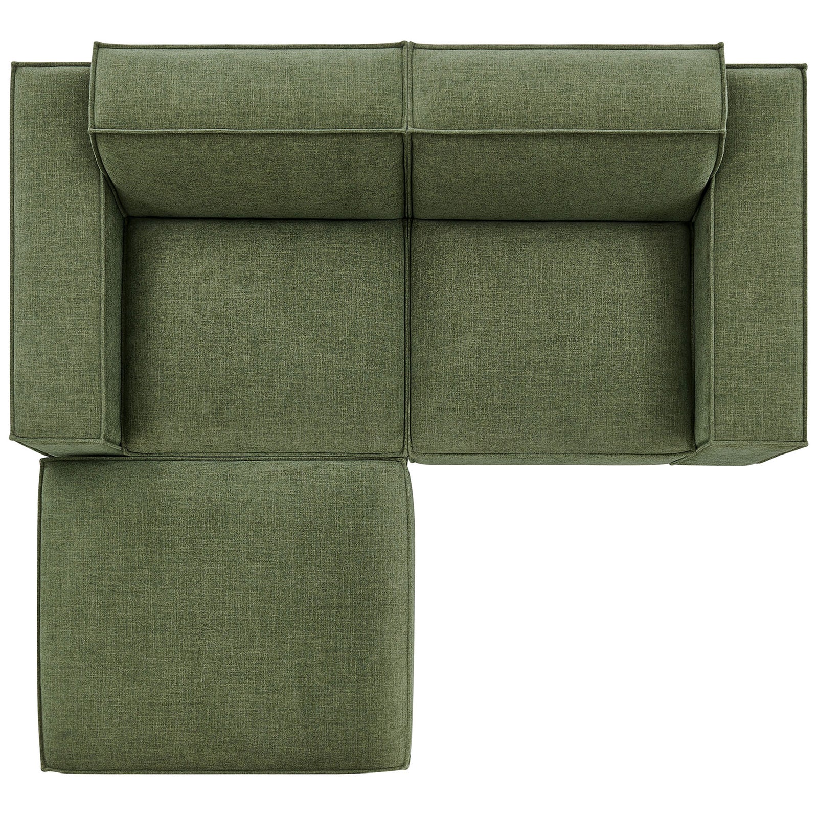 Green modular loveseat with ottoman positioned for left side lounging and spacious, tuftless seat cushions || EEI-7405-FOL || top_studio