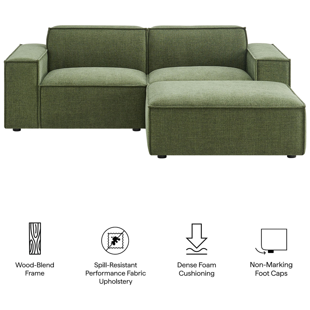 Green modular loveseat with ottoman and icons highlighting frame, fabric, cushioning, and foot caps || EEI-7405-FOL || callout_studio