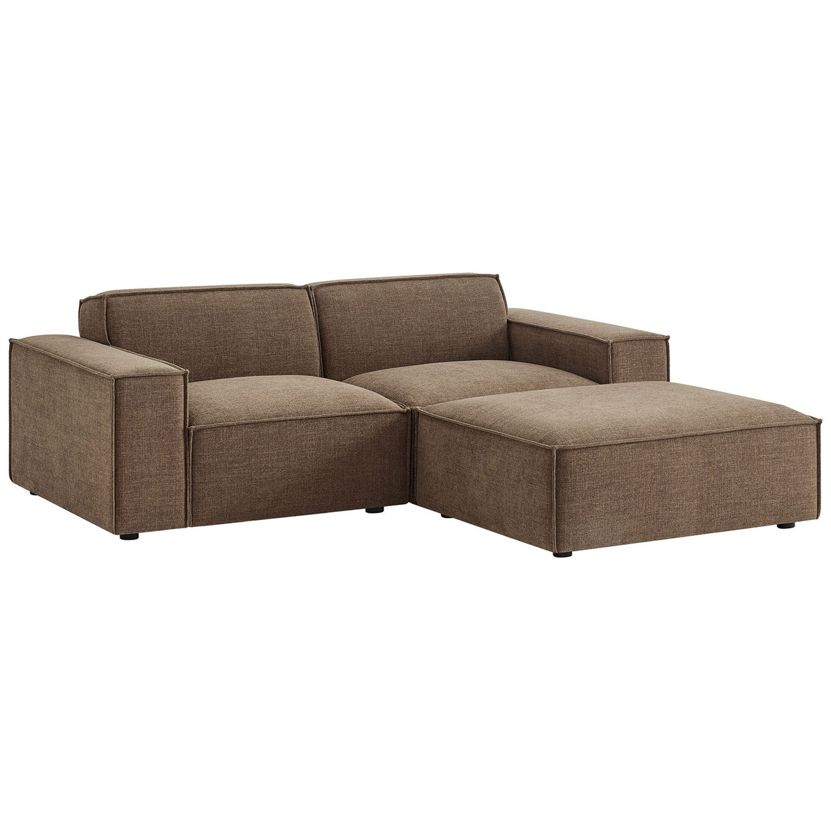 Mocha modular loveseat with ottoman offers deep cushioned seating and wide track arms for relaxed lounging. || EEI-7405-MOC || front_angle_studio