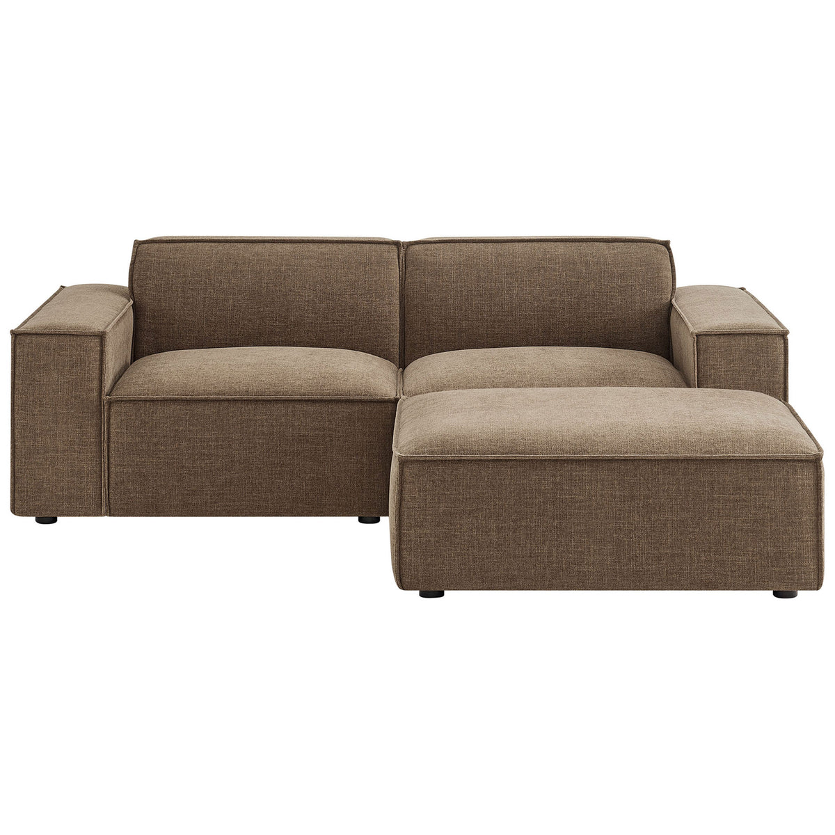 Modern mocha loveseat with ottoman features boxy cushions, tailored piping, and supportive low-profile backrests. || EEI-7405-MOC || front_studio