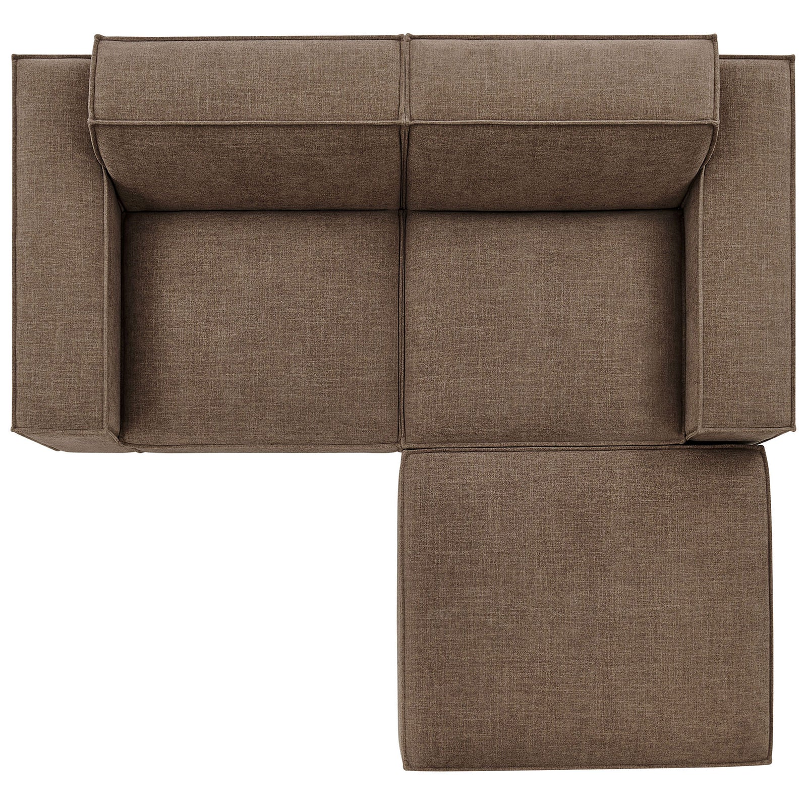 Top view of mocha modular loveseat with chaise-style ottoman highlighting wide arms and generous seat area. || EEI-7405-MOC || top_studio