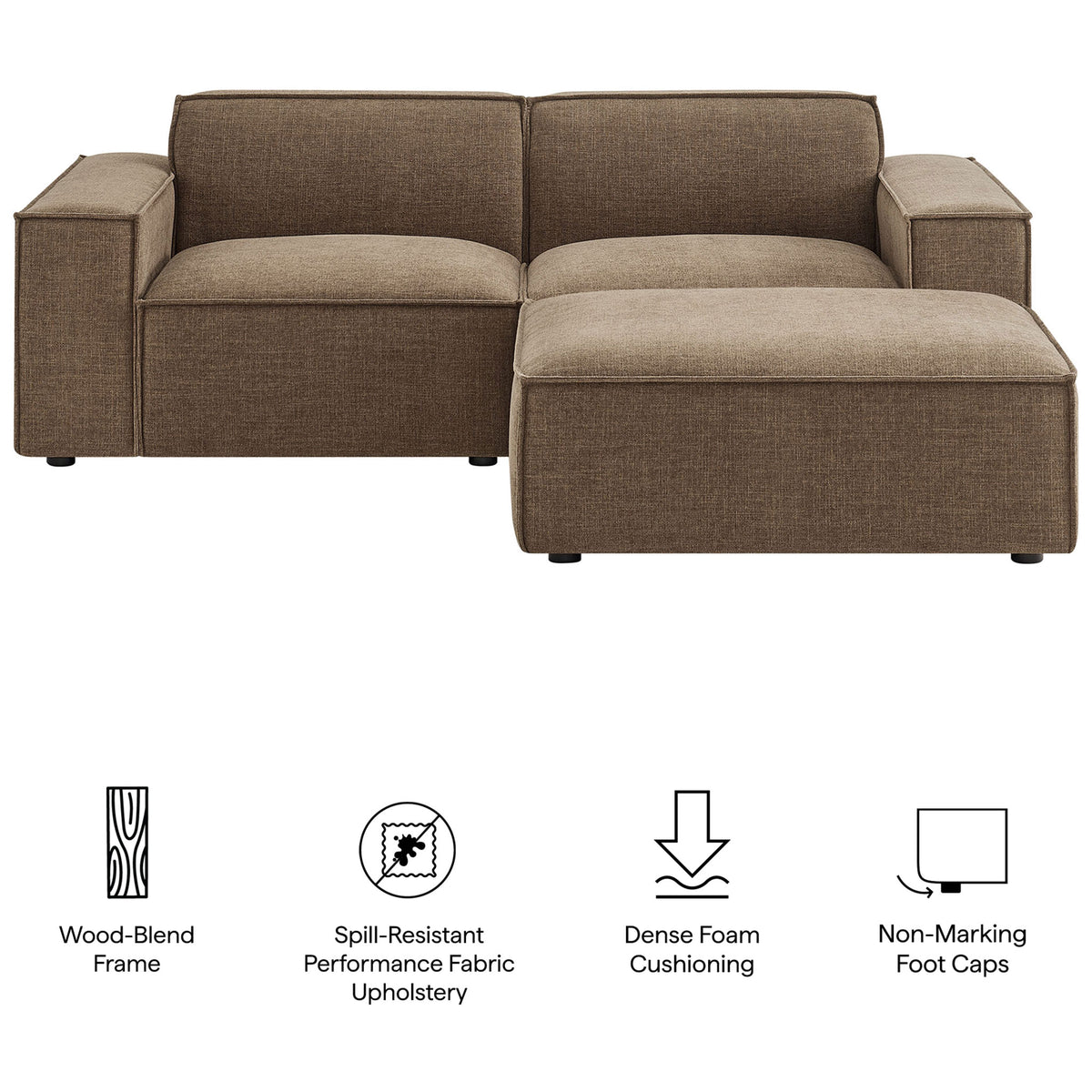 Loveseat with ottoman features a wood-blend frame, spill-resistant fabric, dense foam, and non-marking foot caps. || EEI-7405-MOC || callout_studio