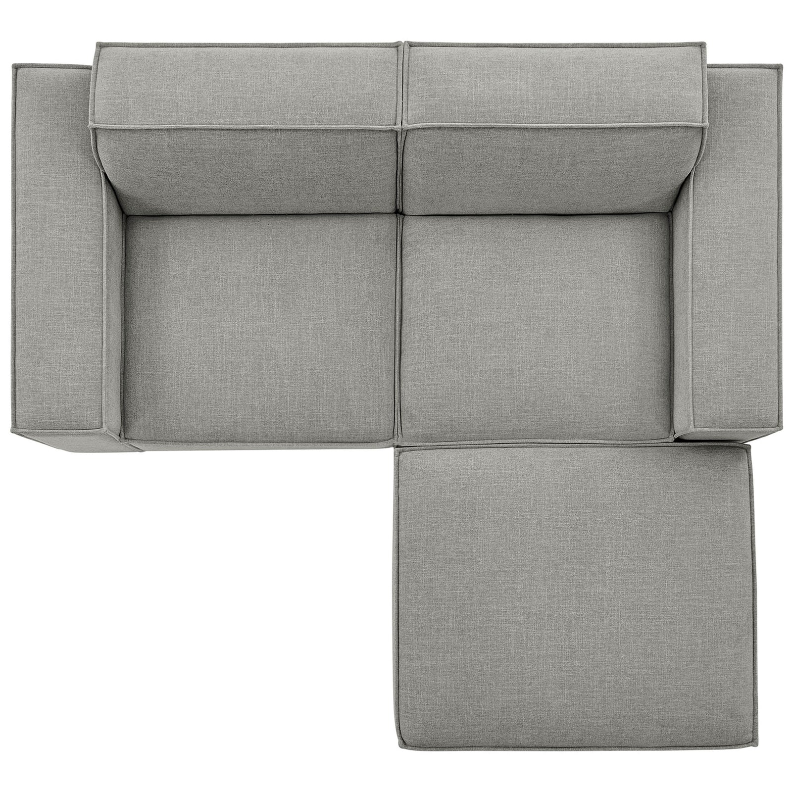 Restore modular loveseat with ottoman showing generous seat depth and neatly tufted pewter cushions || EEI-7405-PEW || top_studio