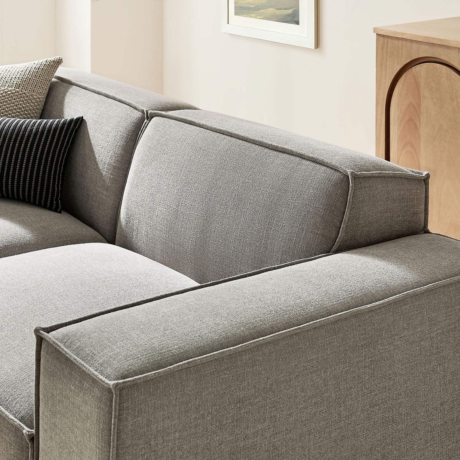 Pewter performance fabric upholstery with French piping detail on the Restore modular loveseat || EEI-7405-PEW || swatch_room