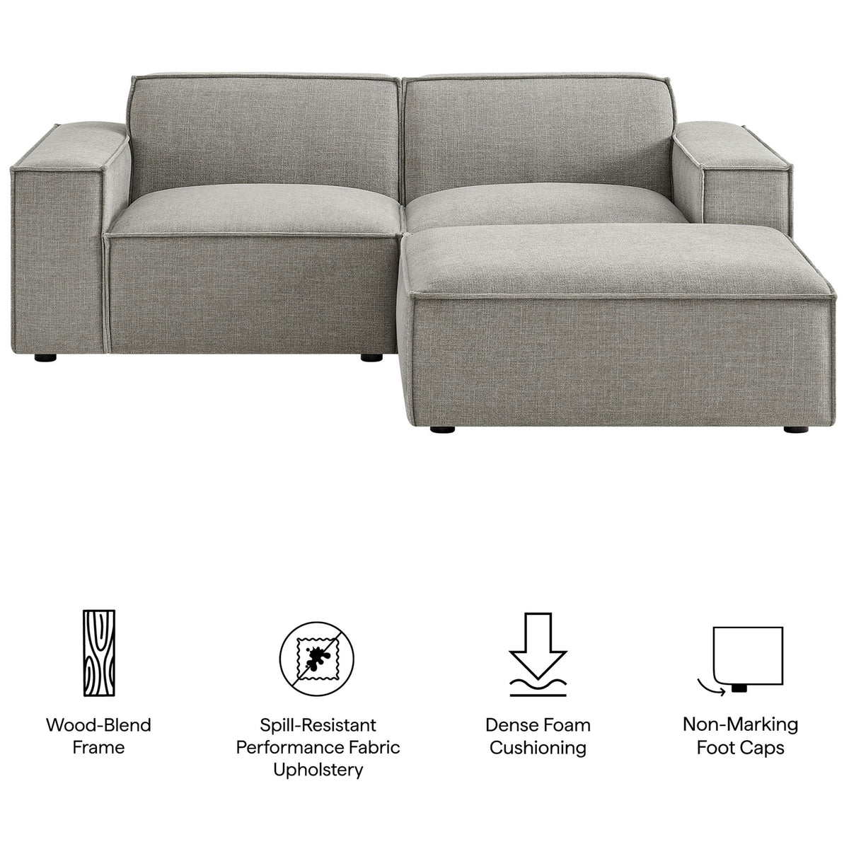 Restore modular loveseat with ottoman in pewter with icons highlighting spill-resistant fabric and soft cushioning || EEI-7405-PEW || callout_studio