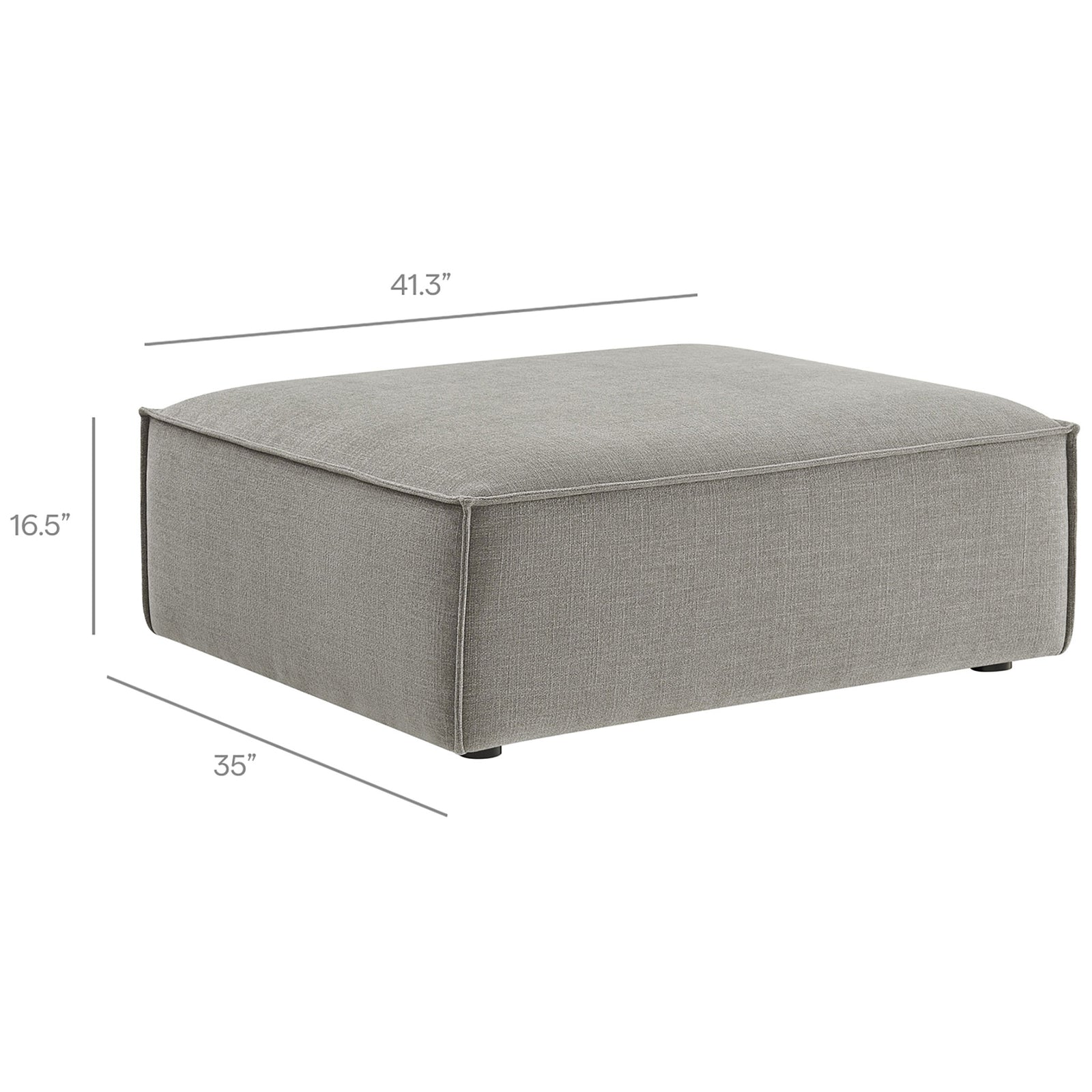 Dimensions of the Restore ottoman in pewter performance fabric, showing generous width and low profile || EEI-7405-PEW || dimension_studio