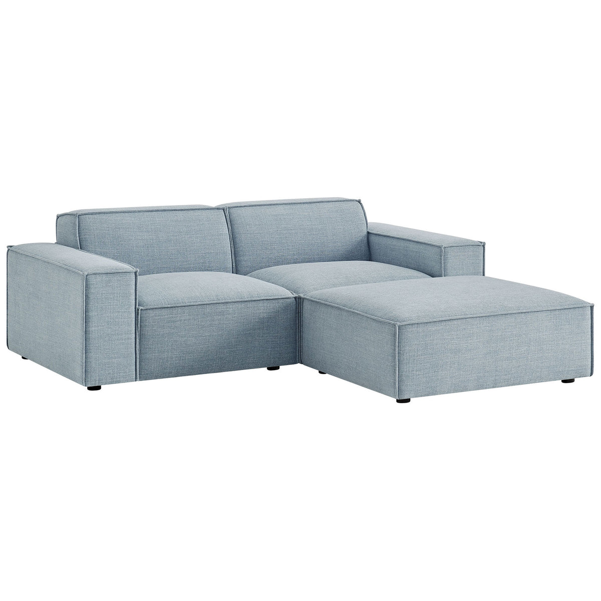 Sky blue modular loveseat with ottoman showcasing low-profile arms and tailored performance fabric upholstery || EEI-7405-SKY || front_angle_studio