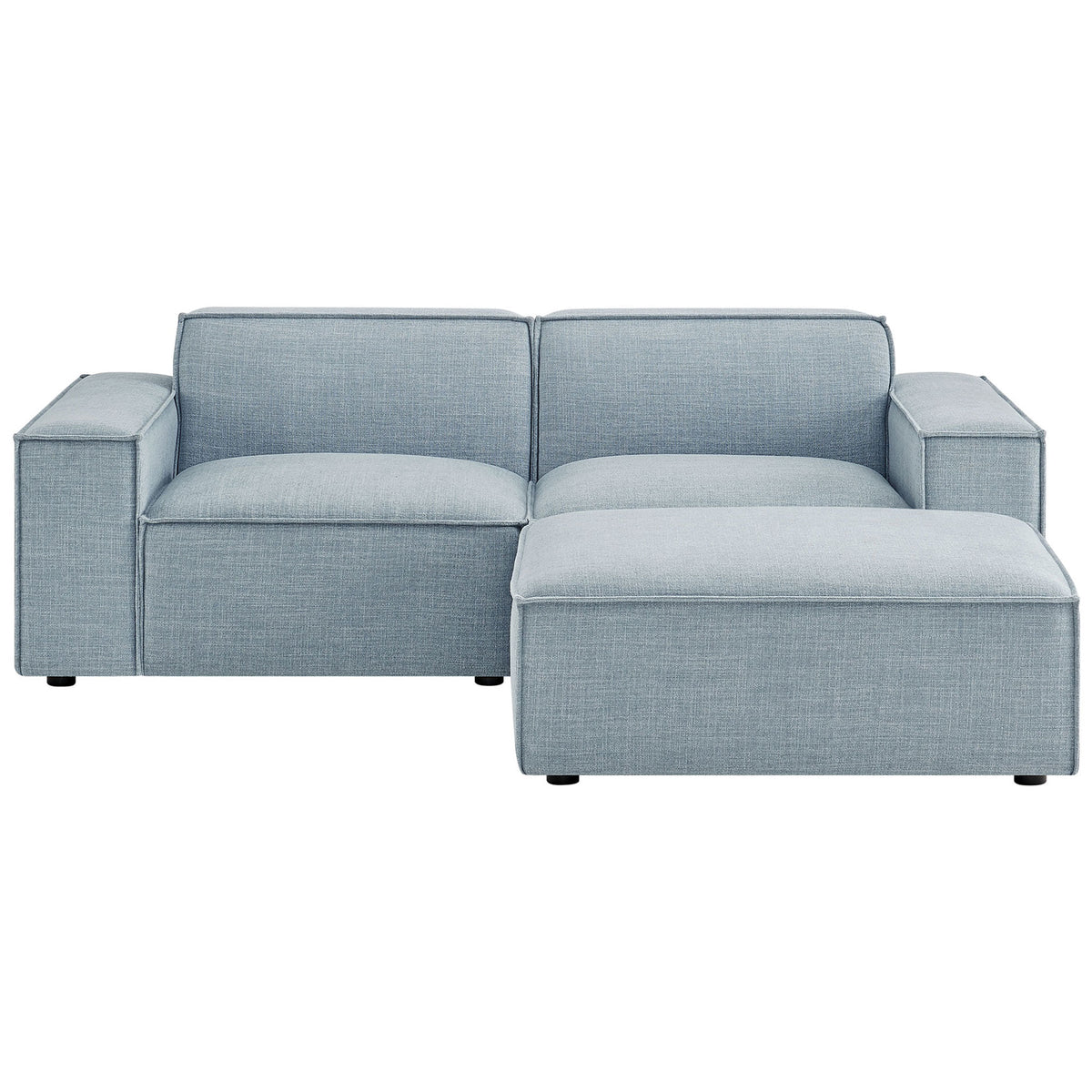 Sky blue modular loveseat and ottoman with deep cushions and wide track arms for relaxed lounging || EEI-7405-SKY || front_studio