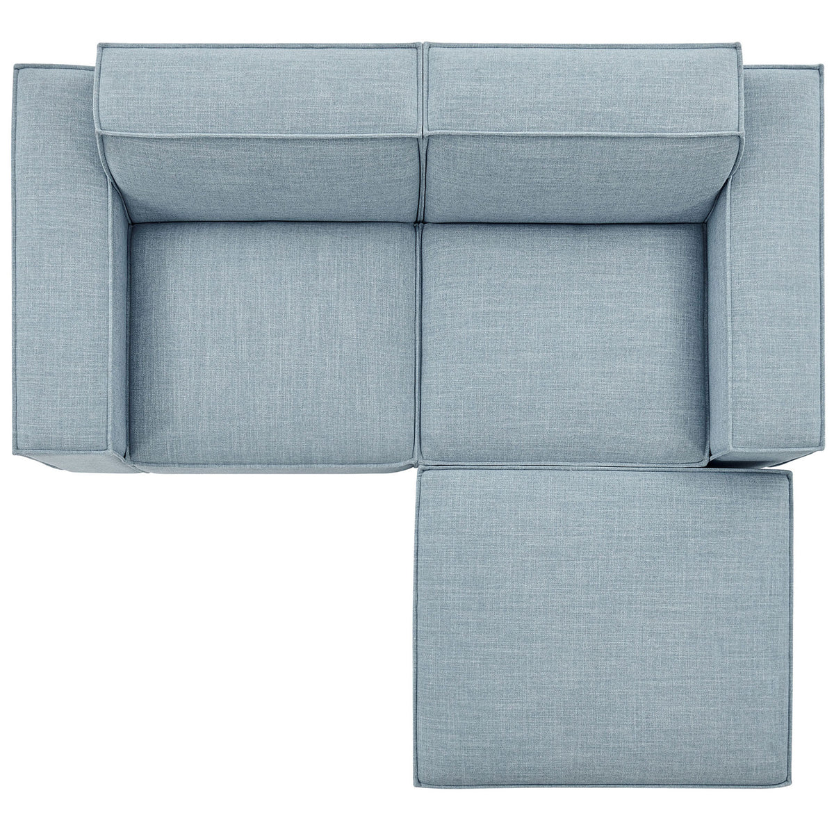 Sky blue modular loveseat with ottoman configured on the right to create a spacious chaise-style seat || EEI-7405-SKY || top_studio