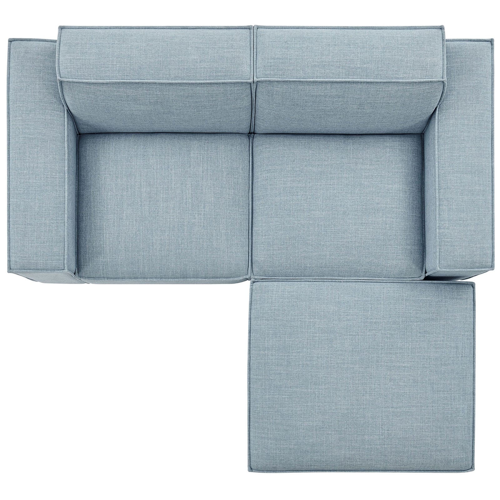 Sky blue modular loveseat with ottoman configured on the right to create a spacious chaise-style seat || EEI-7405-SKY || top_studio