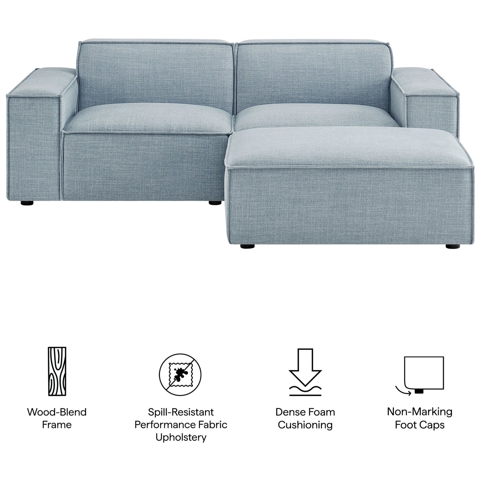 Sky blue modular loveseat and ottoman highlighting wood-blend frame, spill-resistant fabric, and dense cushioning || EEI-7405-SKY || callout_studio