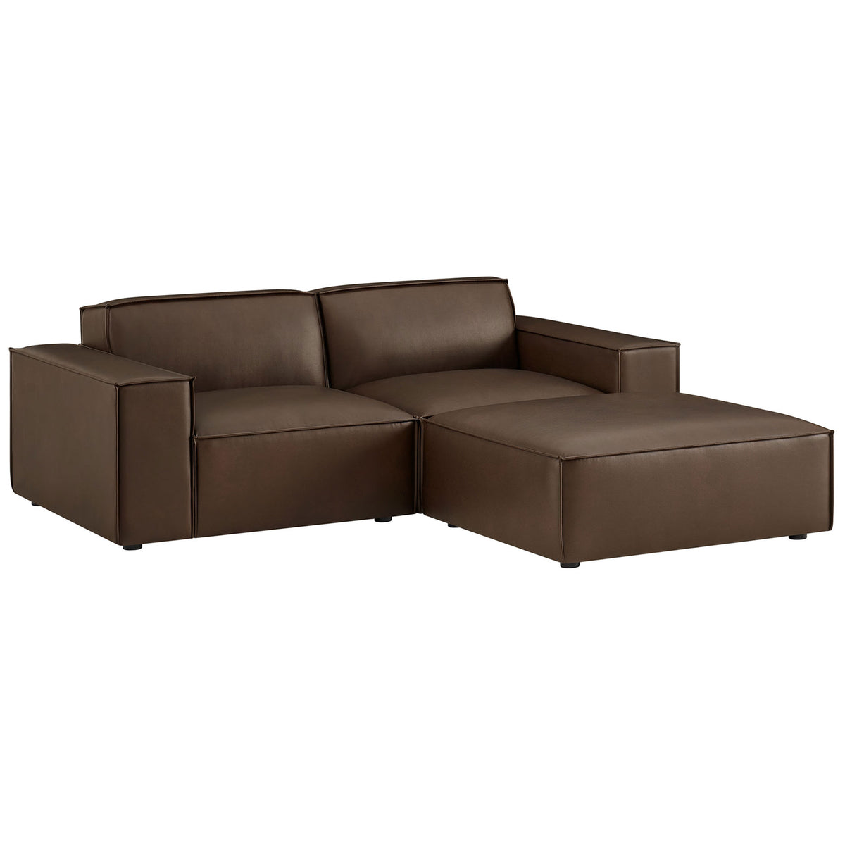 Streamlined espresso vegan leather modular loveseat with ottoman features wide track arms and generous lounge seating. || EEI-7406-ESP || front_angle_studio