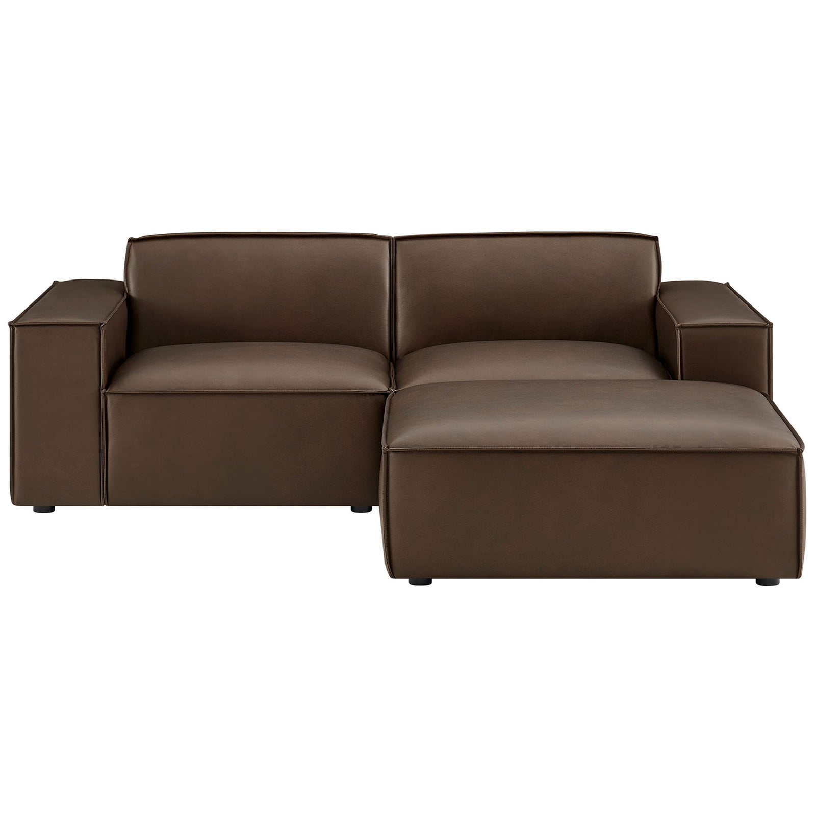 Espresso vegan leather modular loveseat with ottoman offers deep cushioned seating and a clean, low-profile silhouette. || EEI-7406-ESP || front_studio
