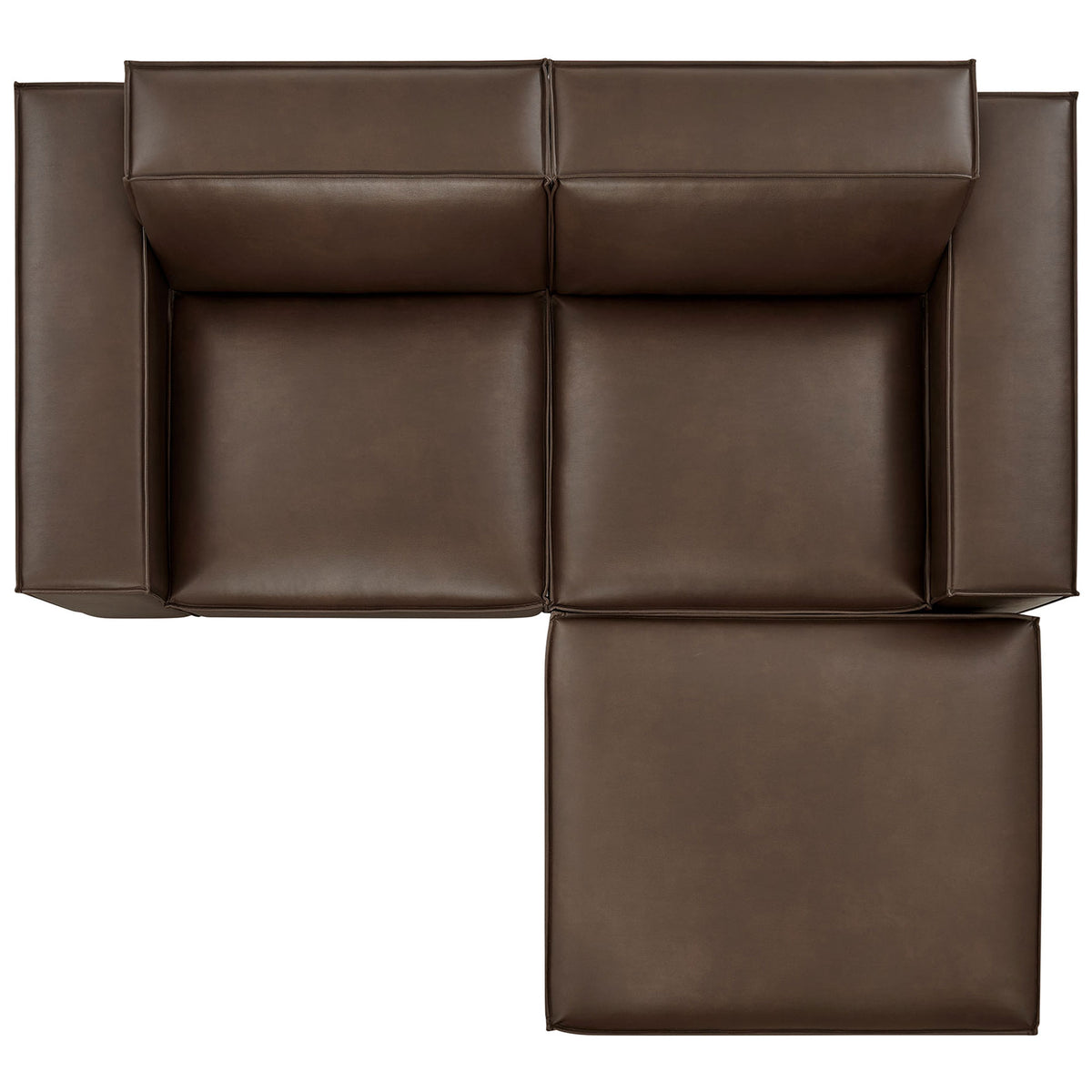 Modular loveseat and ottoman in rich espresso vegan leather form an inviting L-shaped layout with plush, boxy cushions. || EEI-7406-ESP || top_studio