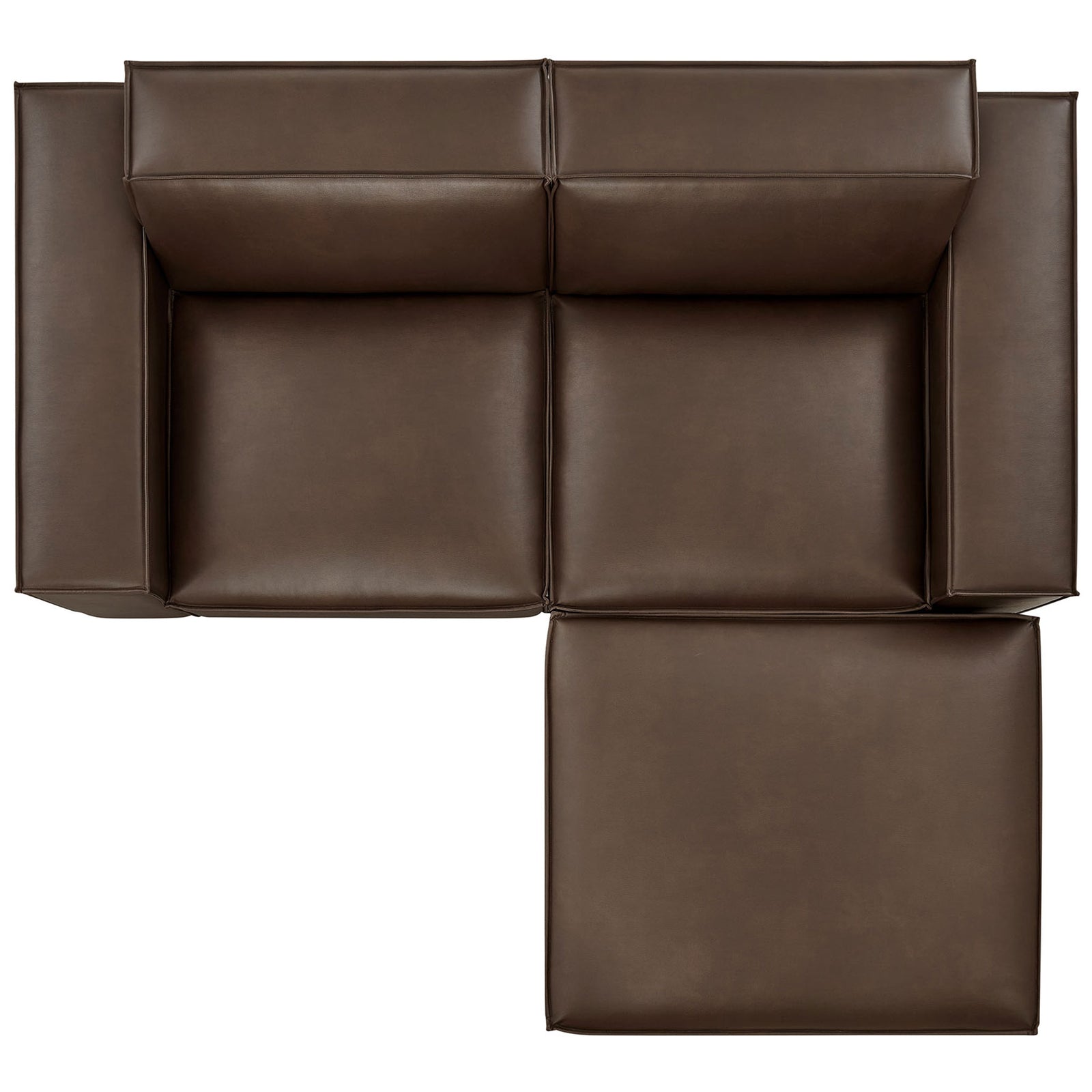 Modular loveseat and ottoman in rich espresso vegan leather form an inviting L-shaped layout with plush, boxy cushions. || EEI-7406-ESP || top_studio