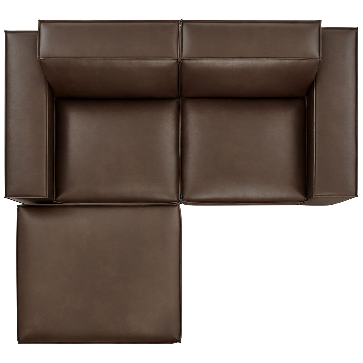 Reconfigurable espresso vegan leather loveseat and ottoman offer versatile modular seating with wide cushions. || EEI-7406-ESP || top_studio