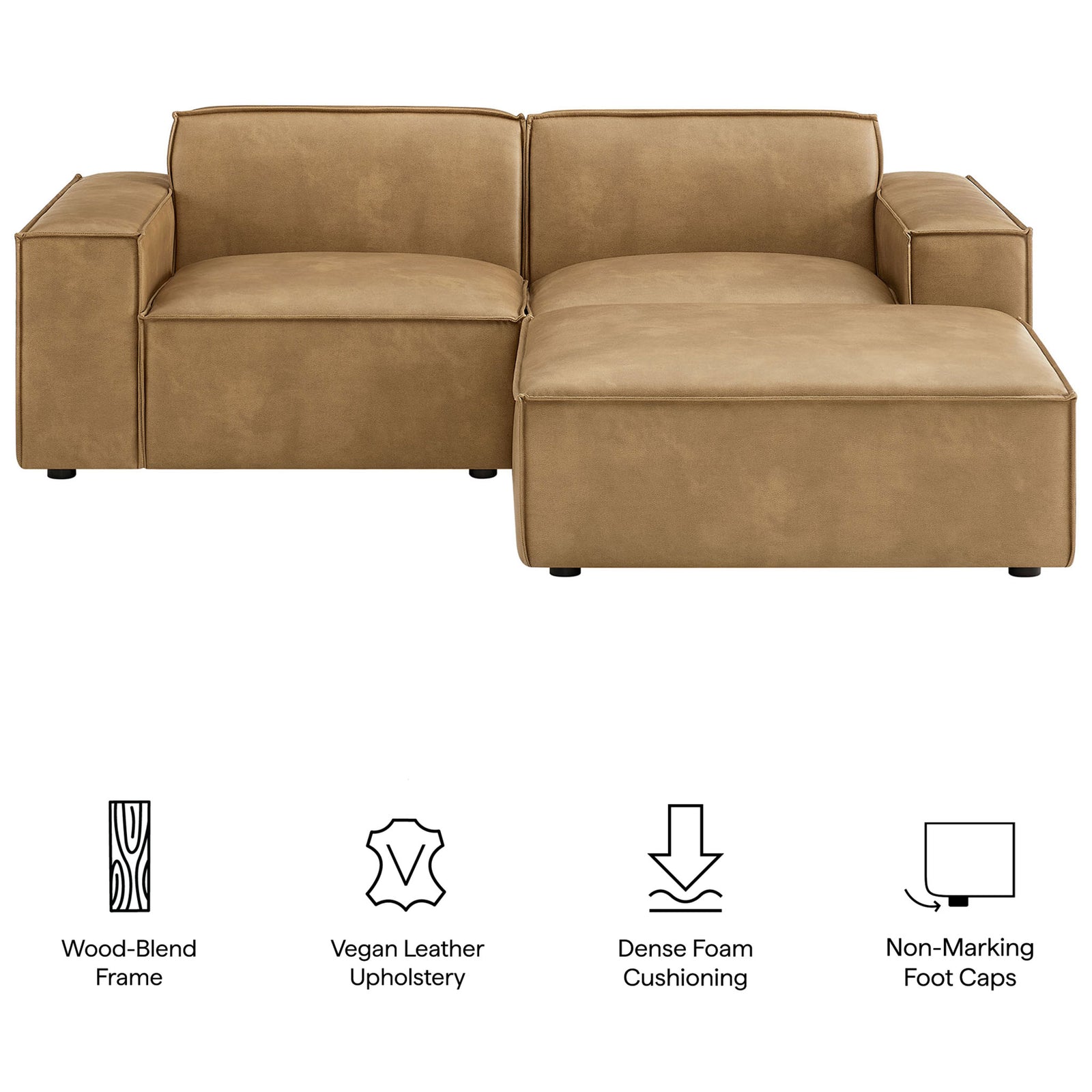 Restore toast vegan leather loveseat with ottoman paired with icons for frame, cushioning, and foot cap features || EEI-7406-TST || callout_studio