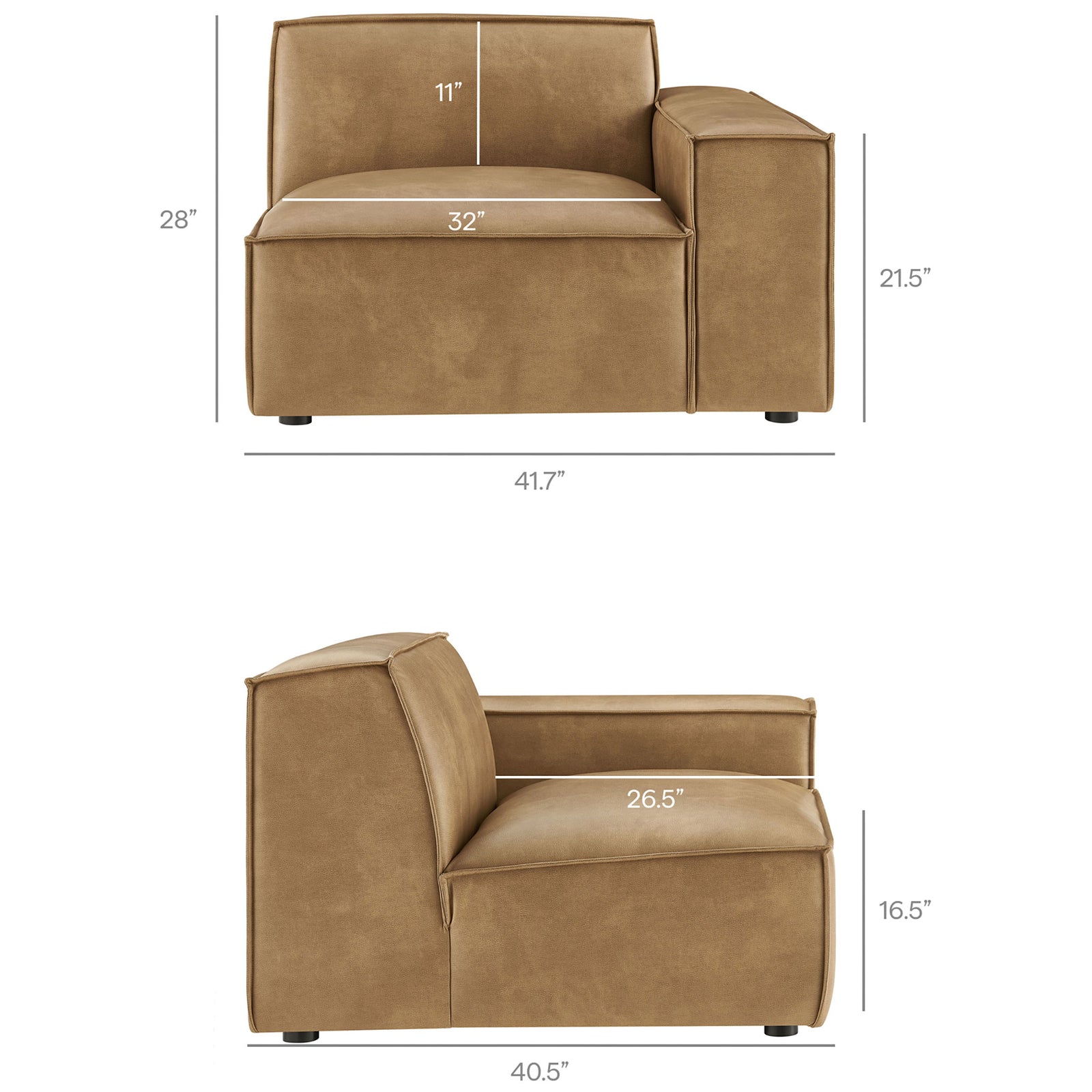 Dimension graphic for the right-facing armchair module of the Restore toast vegan leather sectional loveseat || EEI-7406-TST || dimension_studio