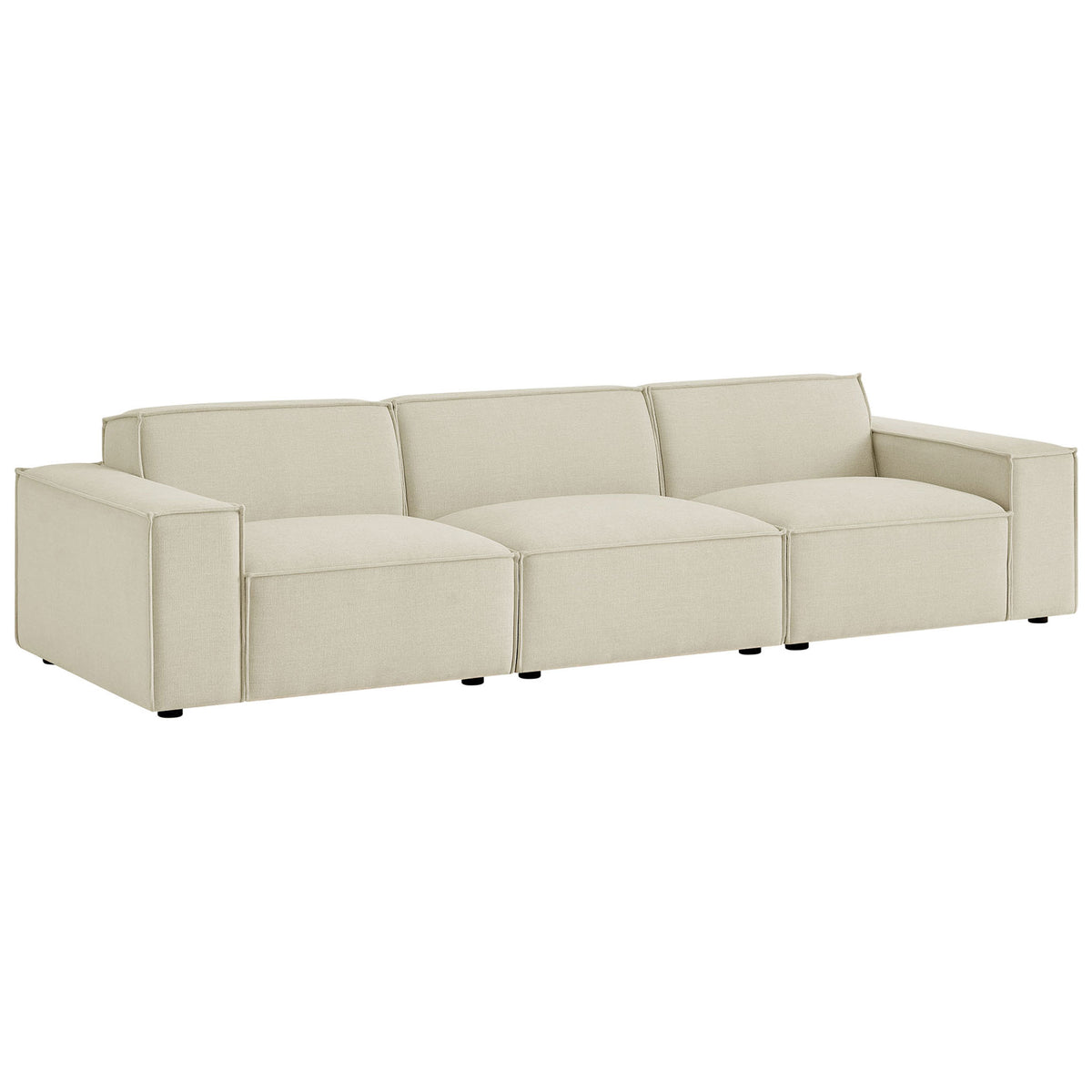 Low profile ecru modular sofa showcasing wide track arms and deep, lounge ready seating || EEI-7407-ECR || front_angle_studio