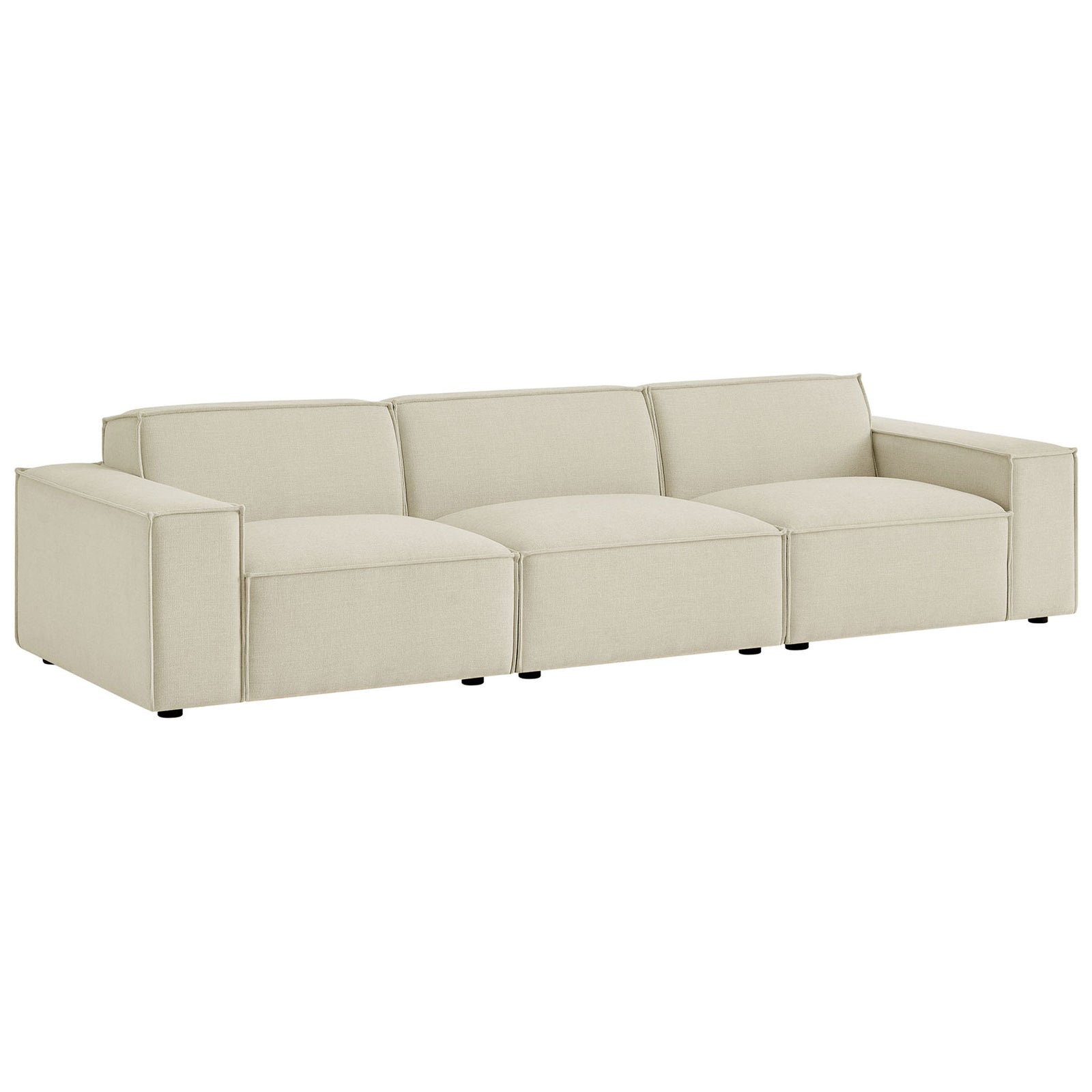 Low profile ecru modular sofa showcasing wide track arms and deep, lounge ready seating || EEI-7407-ECR || front_angle_studio
