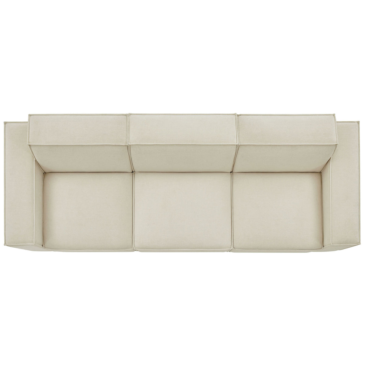 Top view of ecru modular sofa highlighting triple seat layout and generous pillow like back cushions || EEI-7407-ECR || top_studio