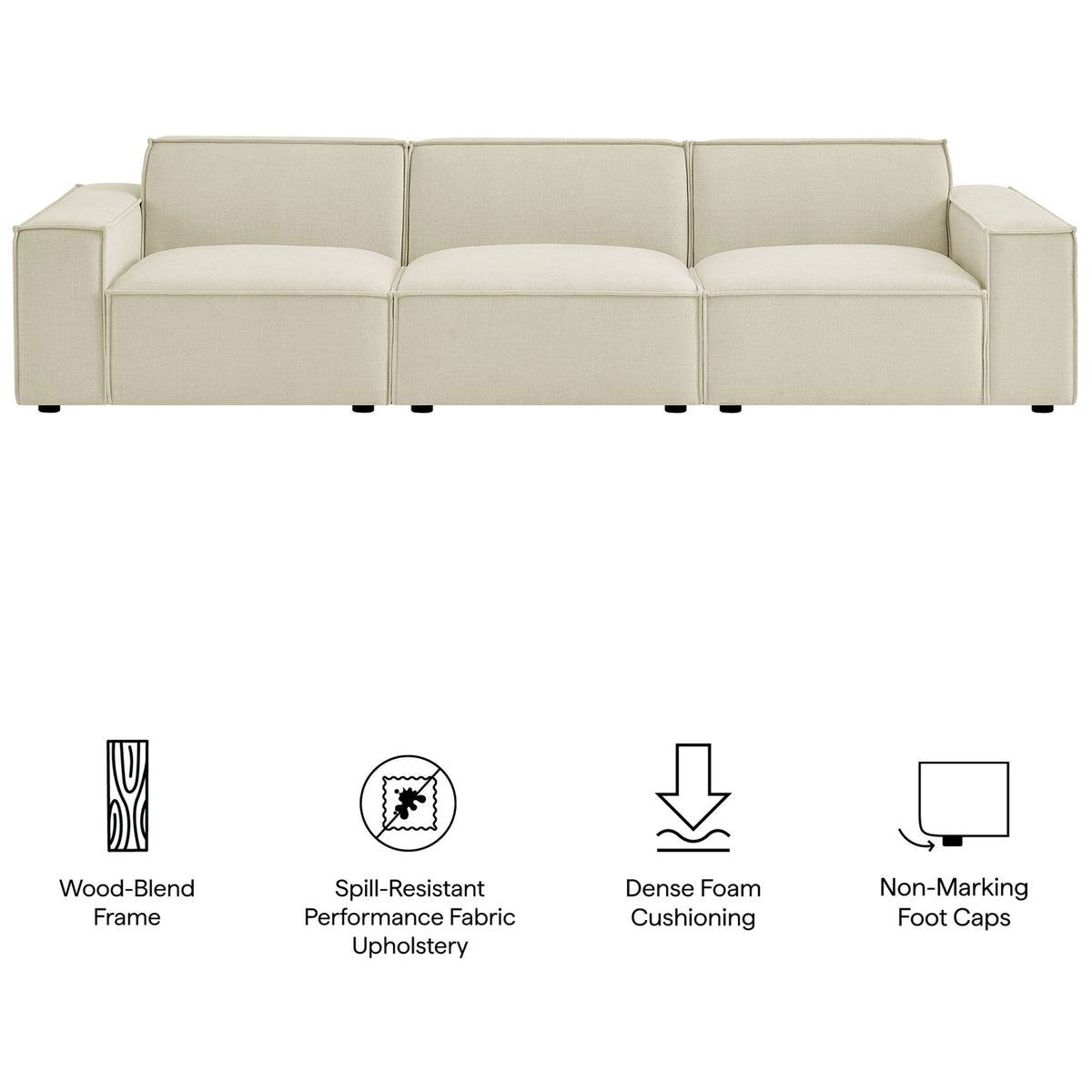 Ecru modular sofa featuring wood blend frame spill resistant fabric dense foam and non marking foot caps || EEI-7407-ECR || callout_studio