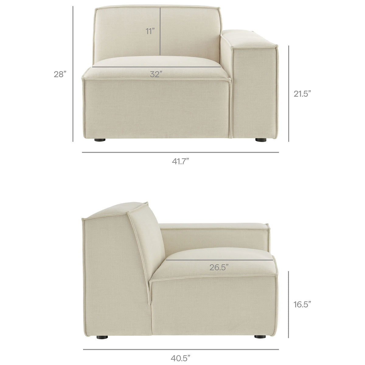 Dimension diagram of right facing modular armchair from the Restore ecru performance fabric collection || EEI-7407-ECR || dimension_studio