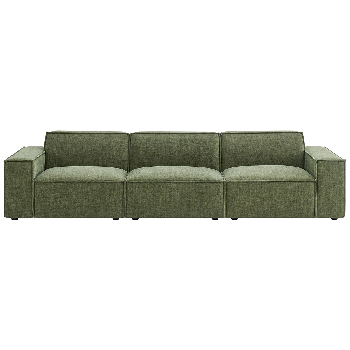 Green modular three-seat sofa with wide track arms and neatly tailored performance fabric cushions || EEI-7407-FOL || front_studio