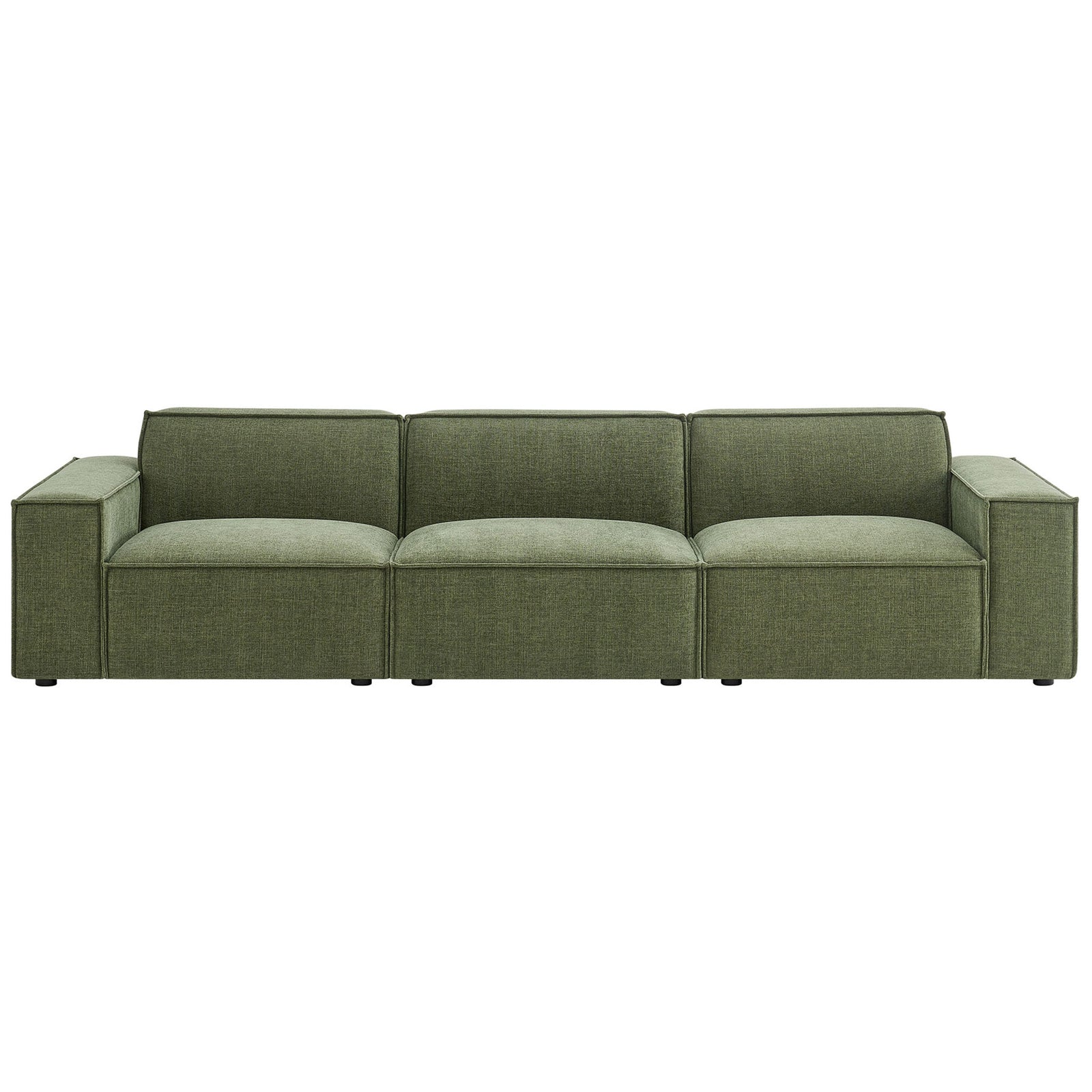 Green modular three-seat sofa with wide track arms and neatly tailored performance fabric cushions || EEI-7407-FOL || front_studio