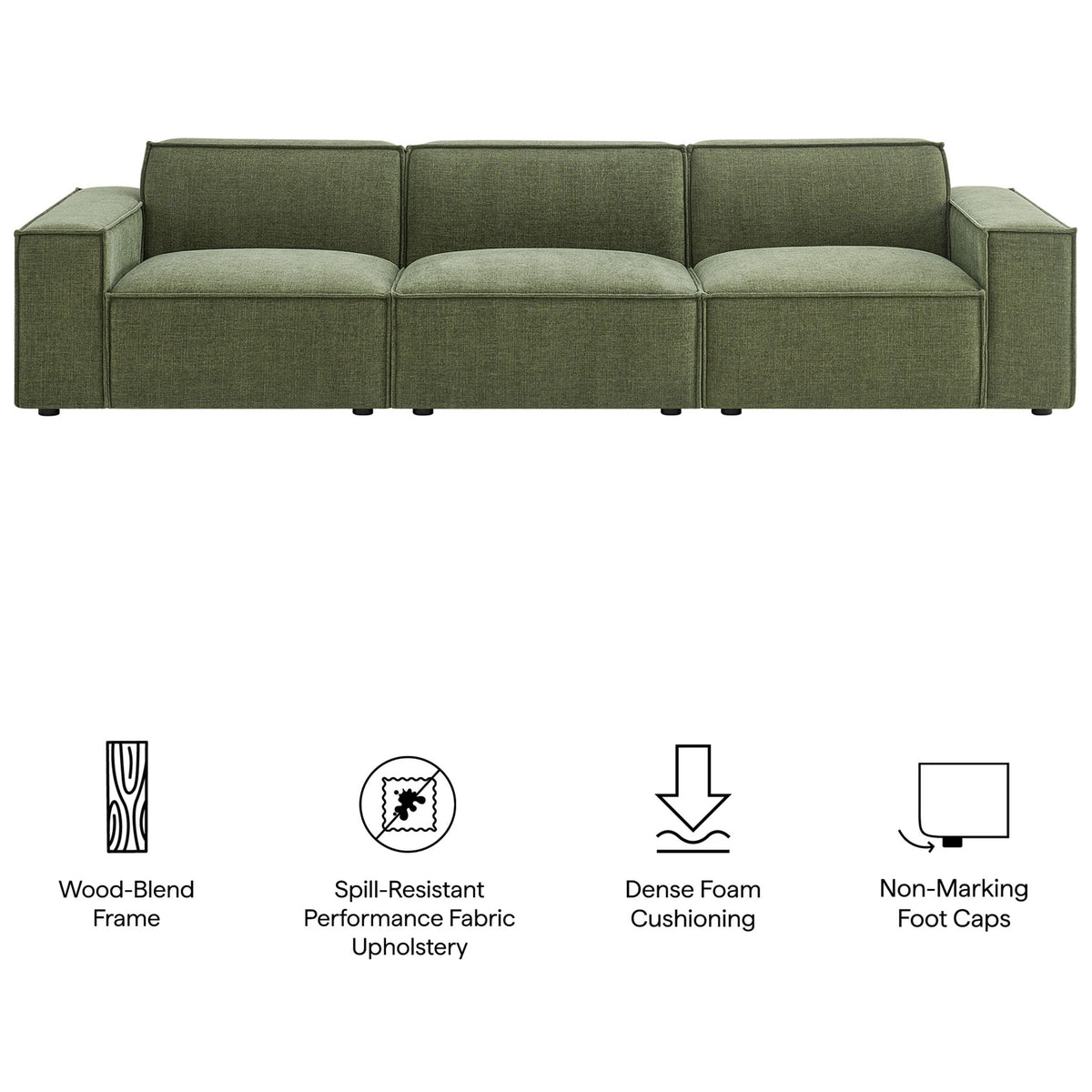 Green modular sofa highlighted with icons for wood-blend frame, spill-resistant fabric, and dense cushioning || EEI-7407-FOL || callout_studio