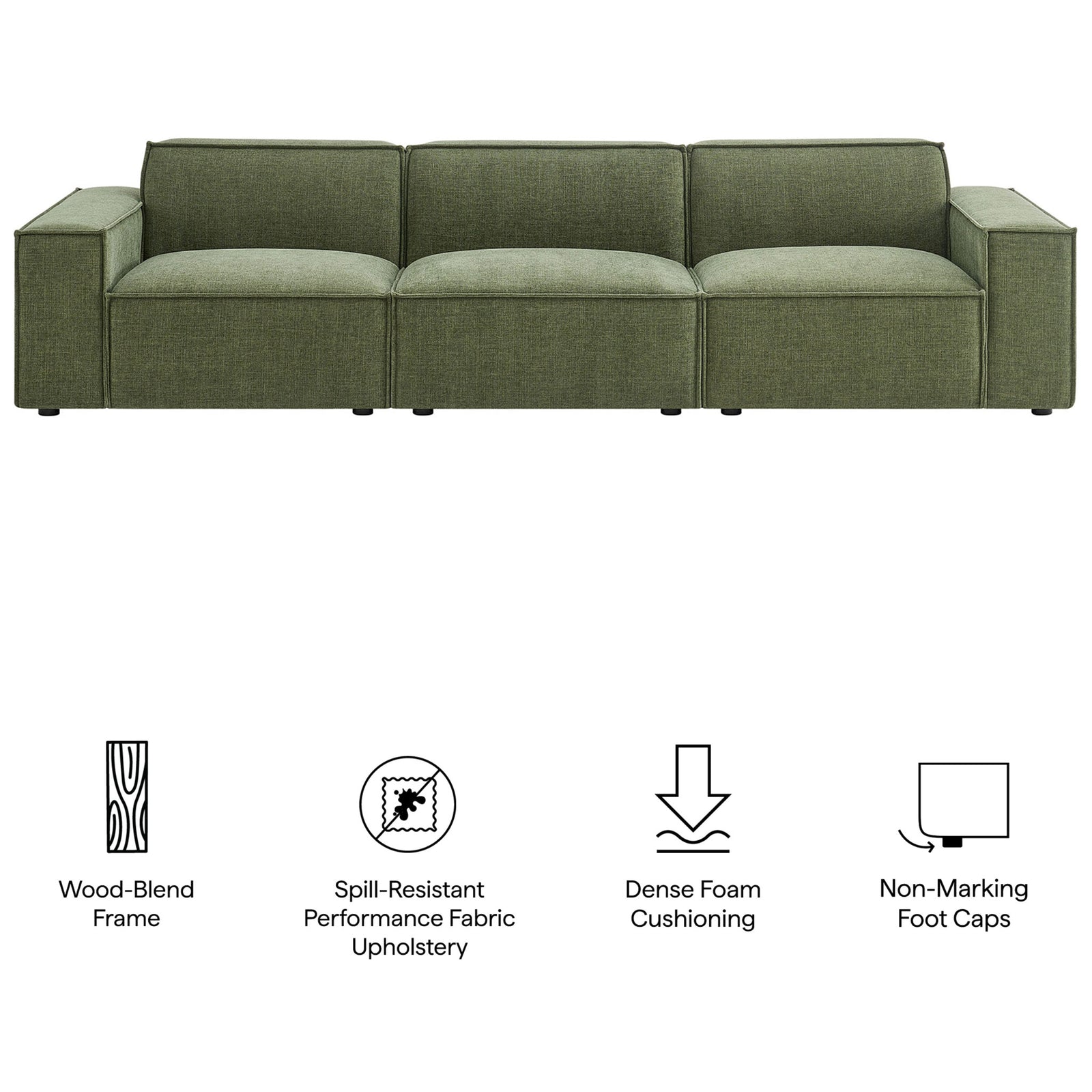 Green modular sofa highlighted with icons for wood-blend frame, spill-resistant fabric, and dense cushioning || EEI-7407-FOL || callout_studio