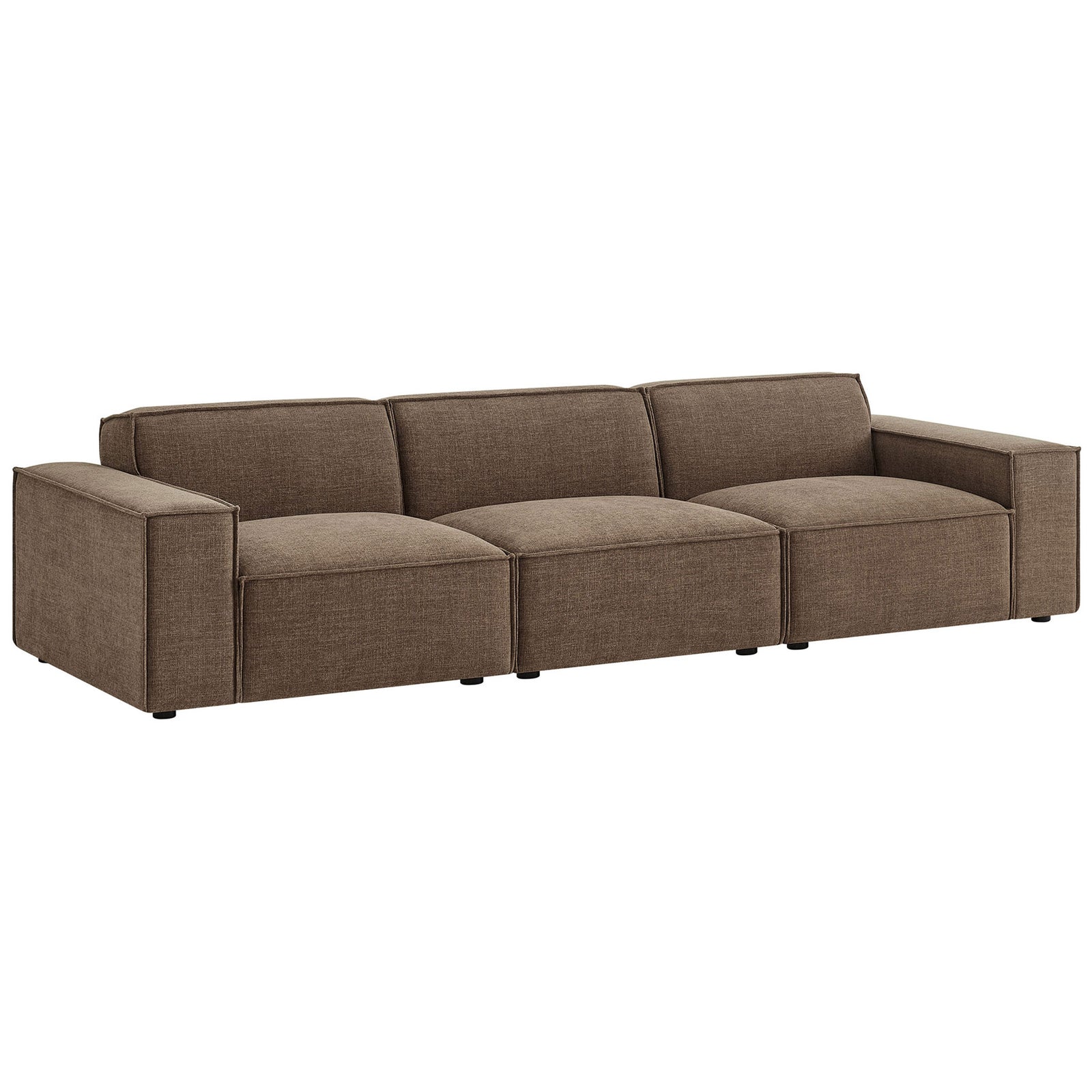 Long low-profile mocha sectional with deep seats and broad arms for relaxed, modern lounging. || EEI-7407-MOC || front_angle_studio