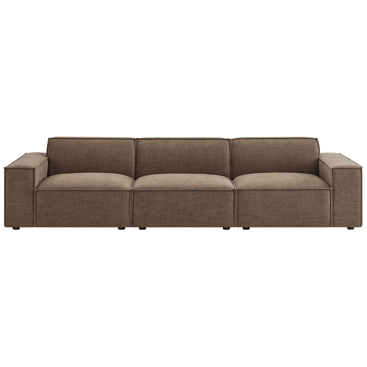 Mocha modular three-seat sofa with plush cushions, wide track arms, and clean tailored lines. || EEI-7407-MOC || front_studio