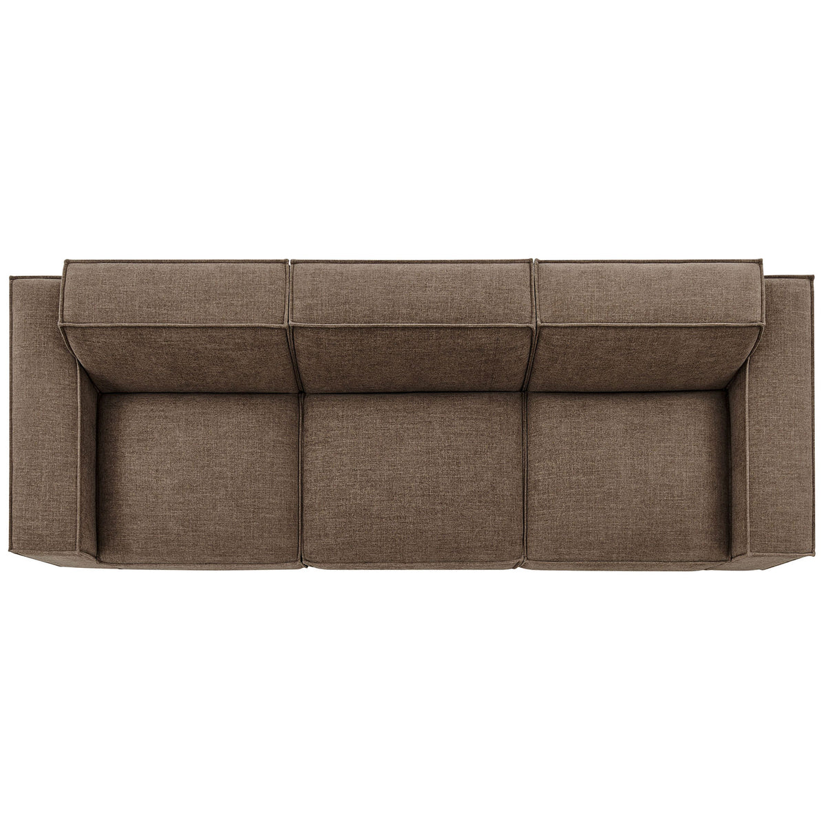 Three-piece mocha modular sofa with three spacious seats, low backs, and neatly piped edges. || EEI-7407-MOC || top_studio