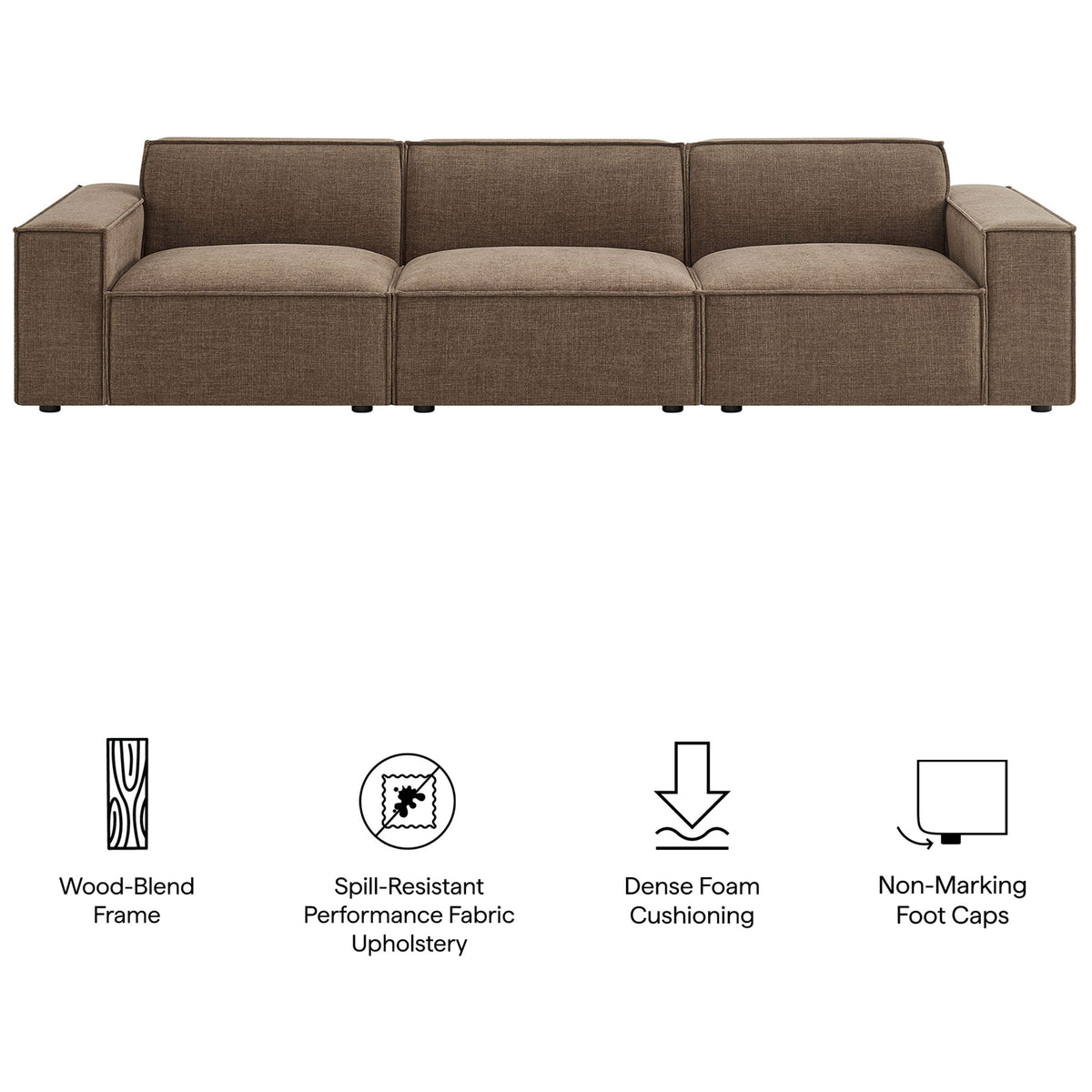 Mocha modular sofa featuring wood-blend frame, spill-resistant upholstery, dense foam, and non-marking feet. || EEI-7407-MOC || callout_studio