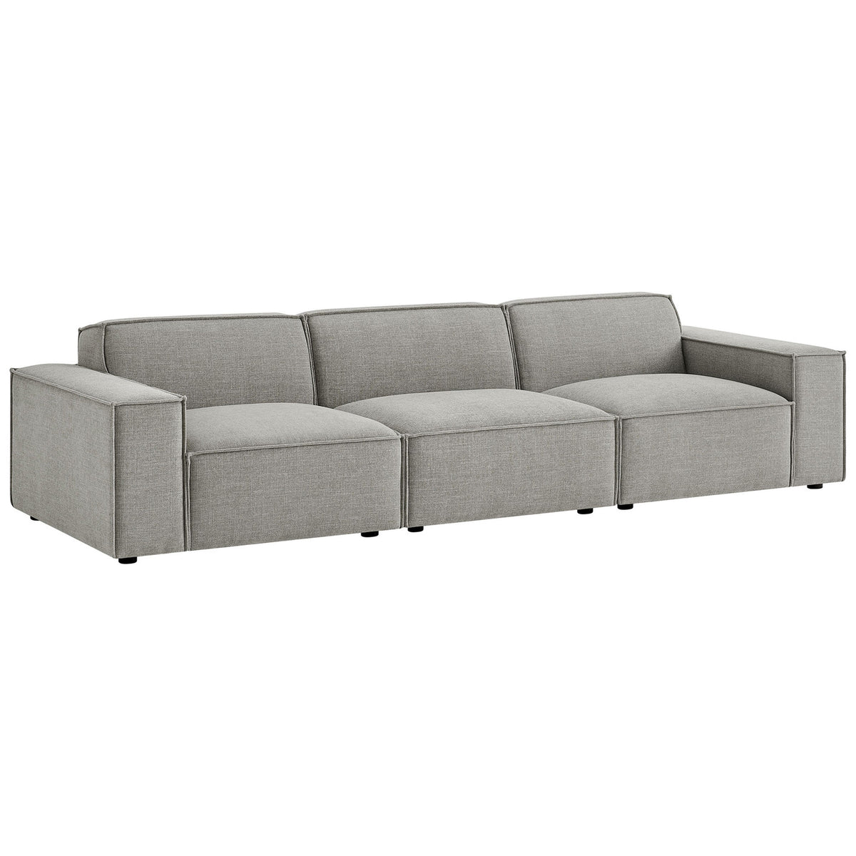 Low profile modular sofa in pewter fabric featuring French piping and deep, lounge ready seats. || EEI-7407-PEW || front_angle_studio