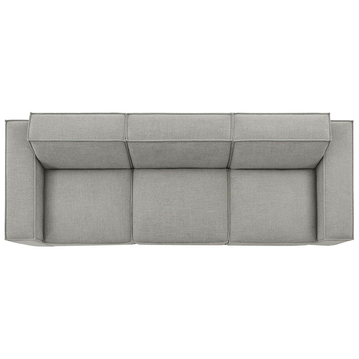 Three piece modular sofa with generous seat cushions and low backrests in soft pewter upholstery. || EEI-7407-PEW || top_studio
