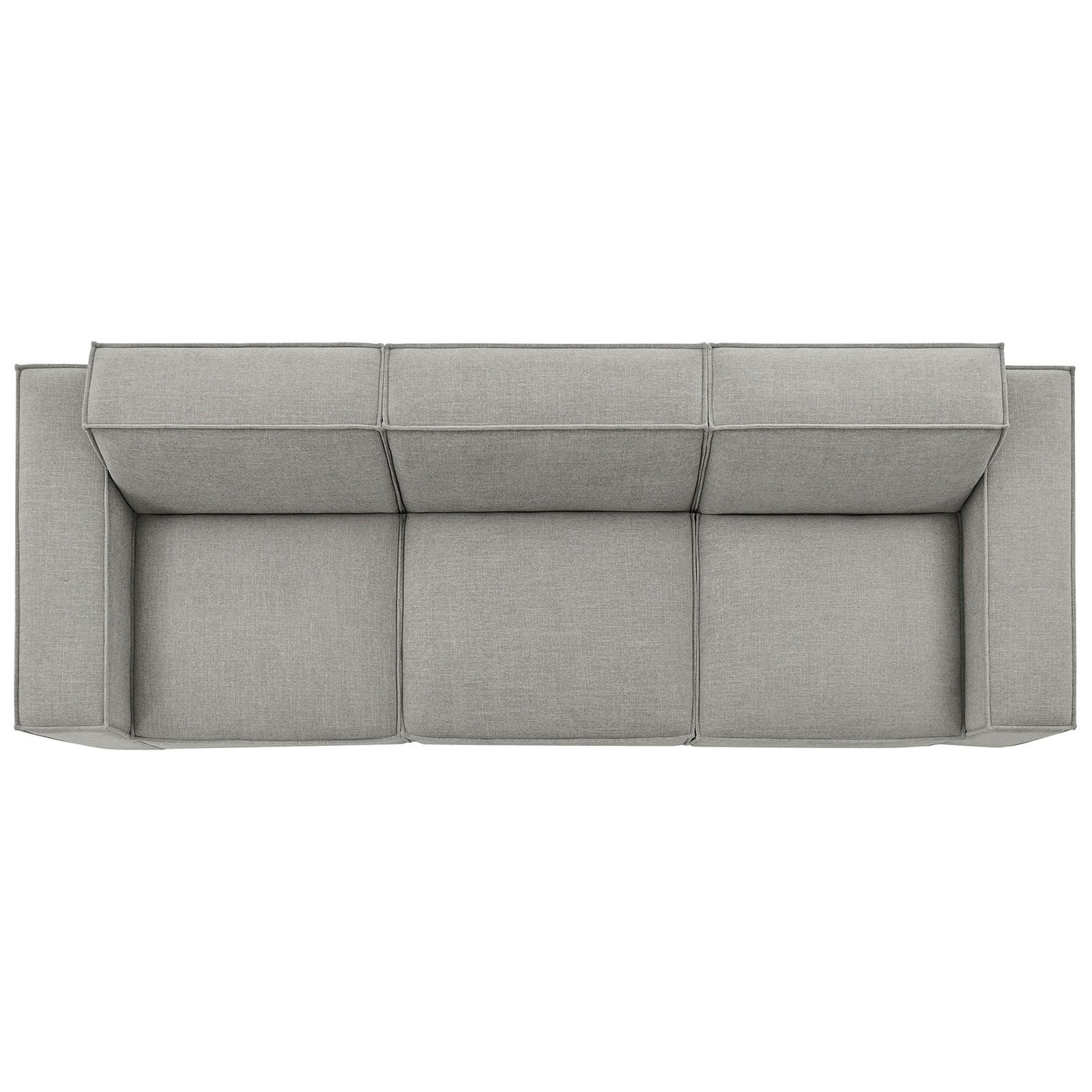 Three piece modular sofa with generous seat cushions and low backrests in soft pewter upholstery. || EEI-7407-PEW || top_studio