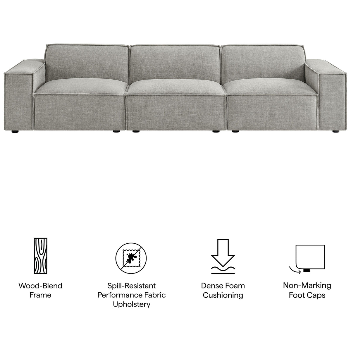 Pewter modular sofa highlighted with icons for wood blend frame, performance fabric, dense foam, and foot caps. || EEI-7407-PEW || callout_studio