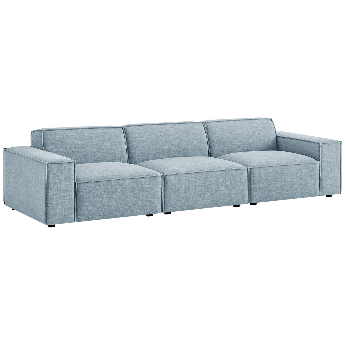 Sky blue three-piece modular sofa with clean lines and low, plush cushions || EEI-7407-SKY || front_angle_studio