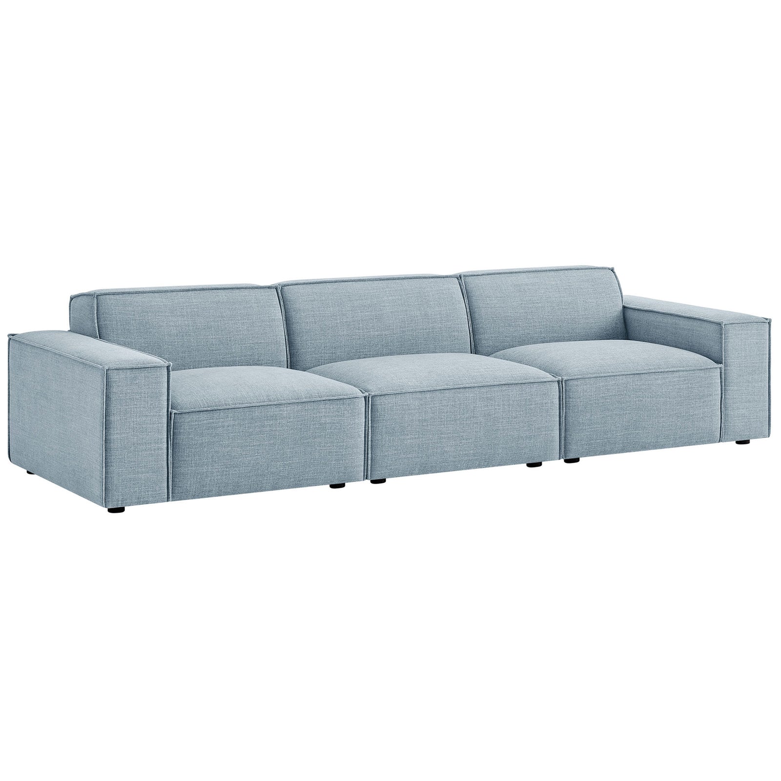 Sky blue three-piece modular sofa with clean lines and low, plush cushions || EEI-7407-SKY || front_angle_studio