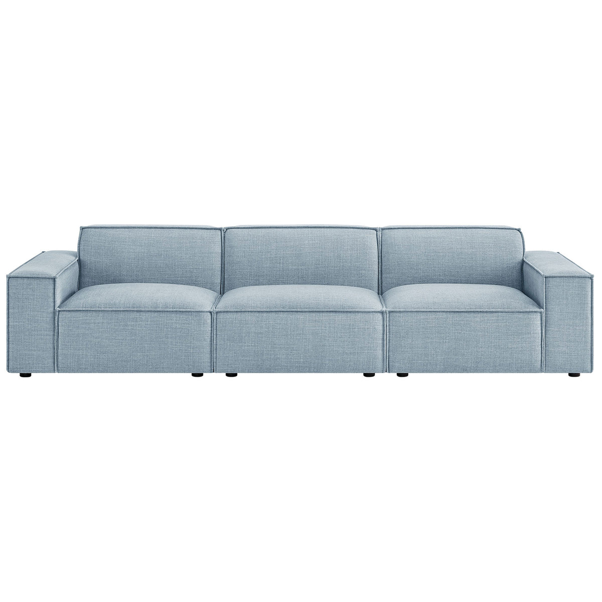 Sky blue modular sofa with wide track arms and tailored piping across three seats || EEI-7407-SKY || front_studio