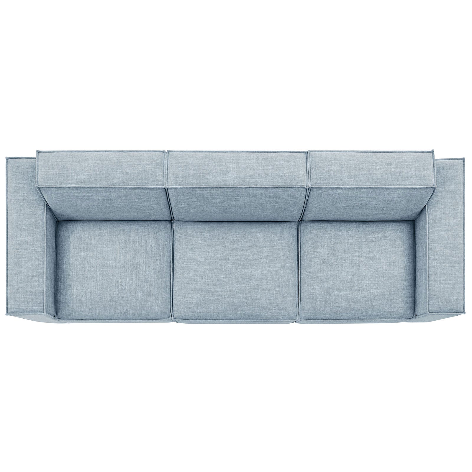 Sky blue three-piece sofa with generous seating, modern boxy arms, and neatly tailored cushions || EEI-7407-SKY || top_studio